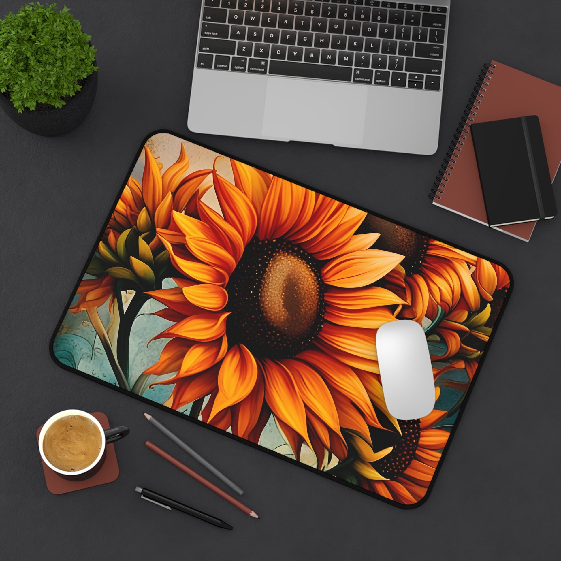 Sunflower Crop on Distressed Blue and Copper Background Printed on Desk mat 12x18 on desk