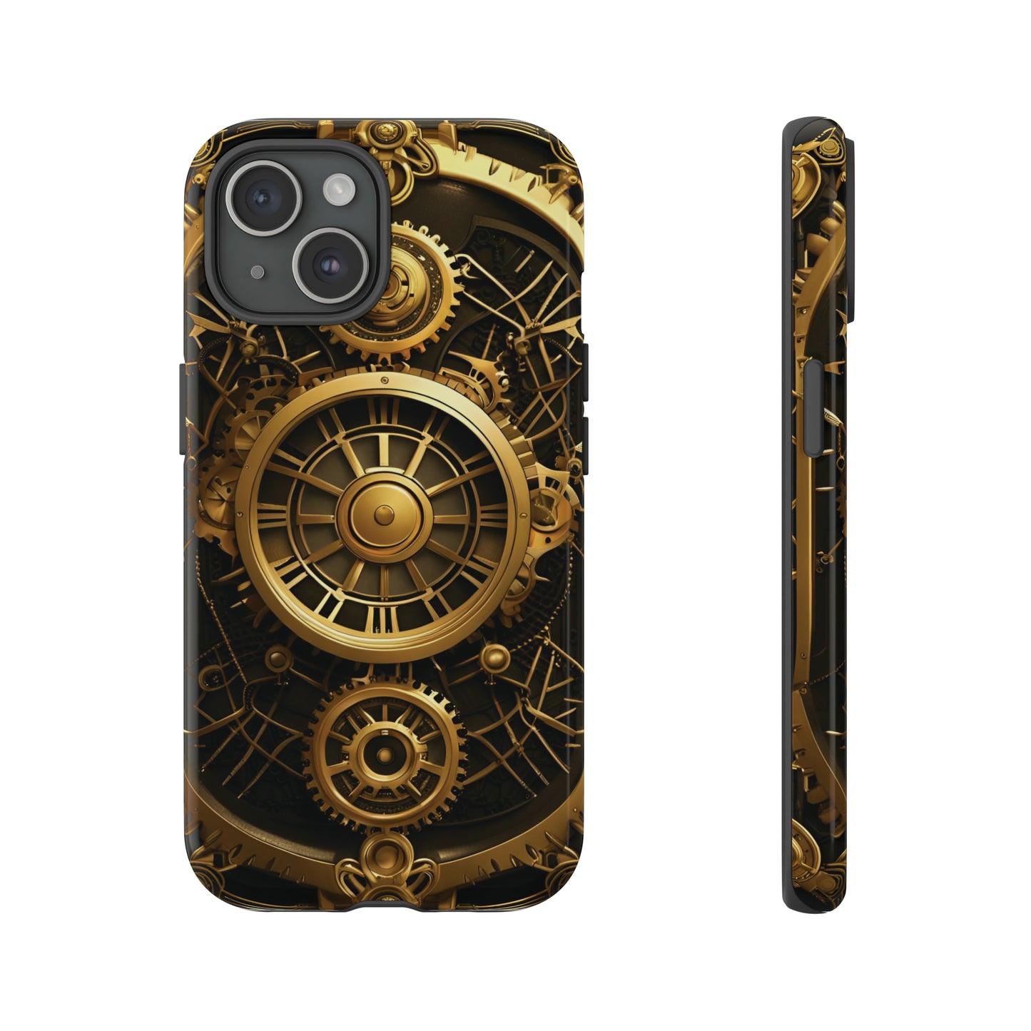 Art Deco Themed Steampunk Panel Gold and Copper Gears Panel Style Printed on Phone Case for iPhone 15 front and side view