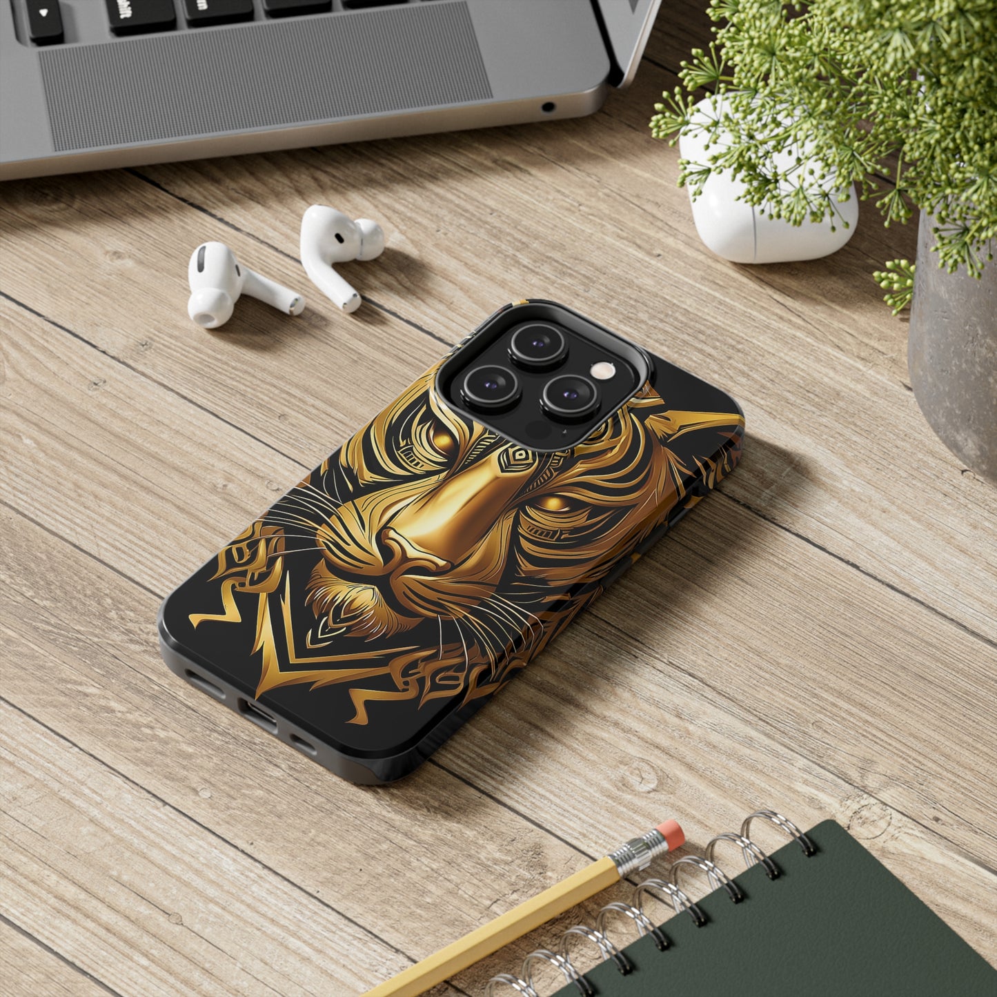 Big Cat Themed iPhone 14 Tough Case - Gold Tribal Tiger Head Printed on Phone Case for iPhone 14 Pro on desk