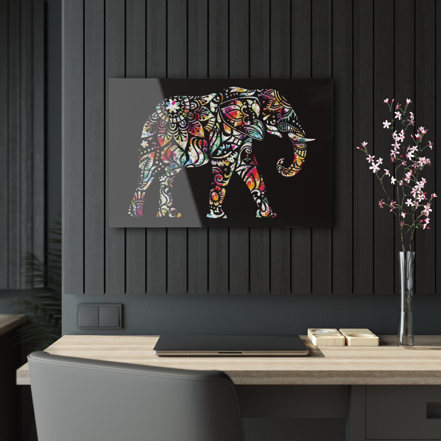 Elephant Themed Wall Art - Multicolor Indian Elephant on Black Background Printed on a Crystal Clear Acrylic Panel 30x20 hung on dark wall