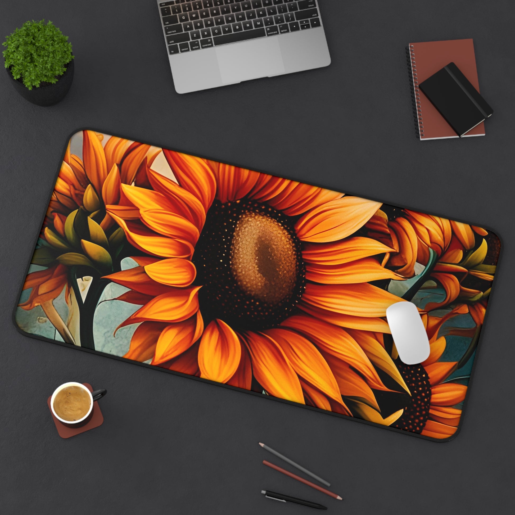 Sunflower Crop on Distressed Blue and Copper Background Printed on Desk mat 15x31 on desk