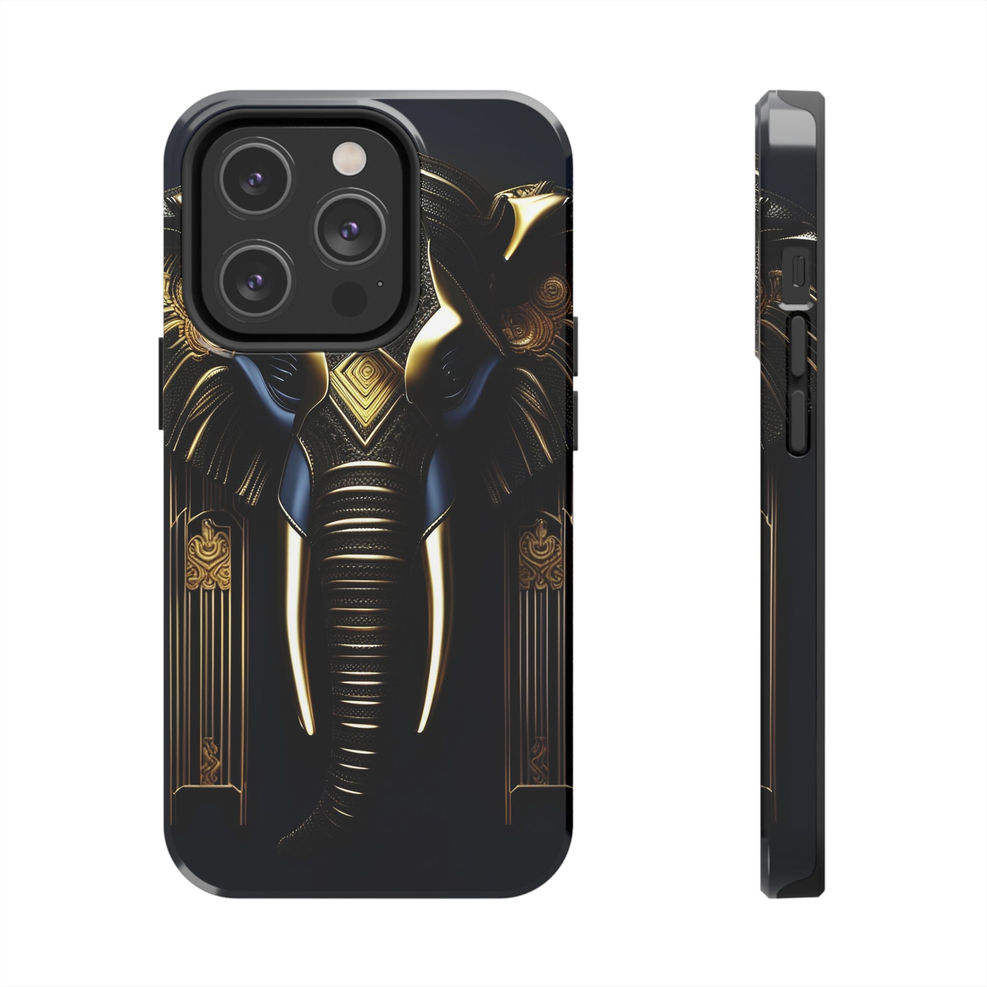  Blue and Gold Elephant Head Art Deco Style Printed on Phone Case for iPhone 14 Pro max