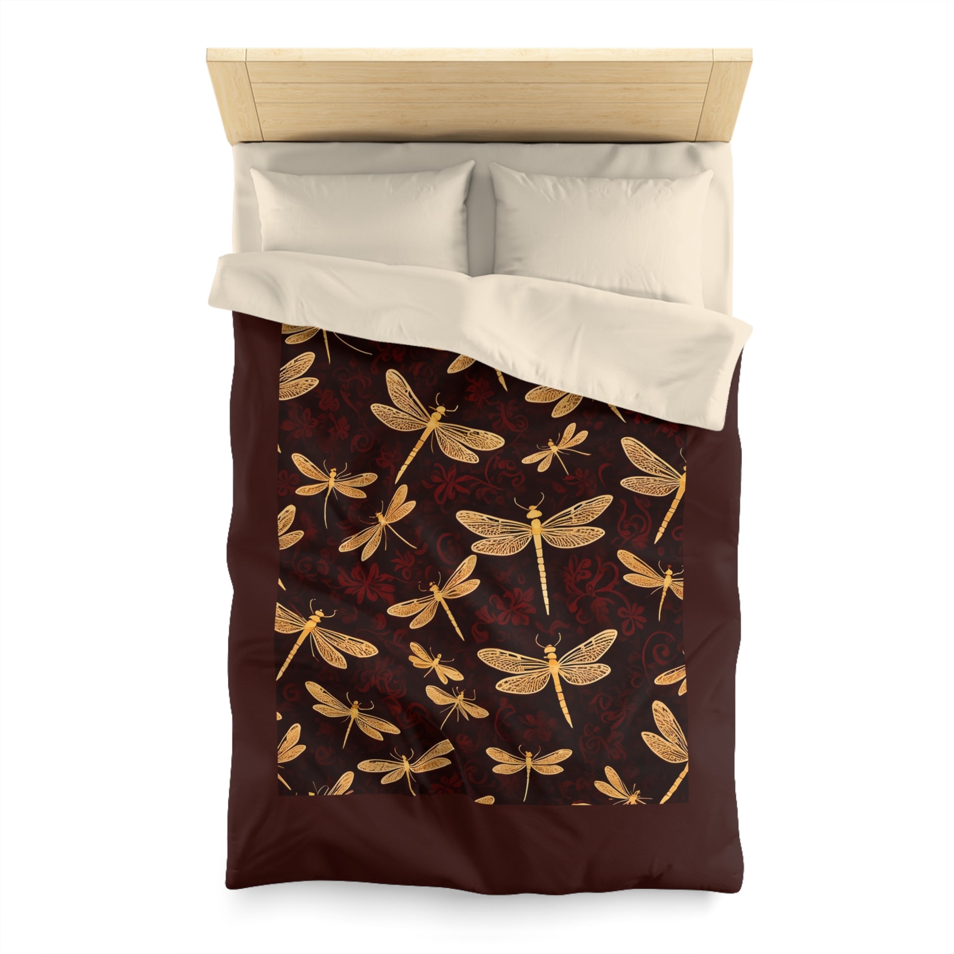 Golden Dragonflies on Velvet Red Background Microfiber Duvet Cover twin from above