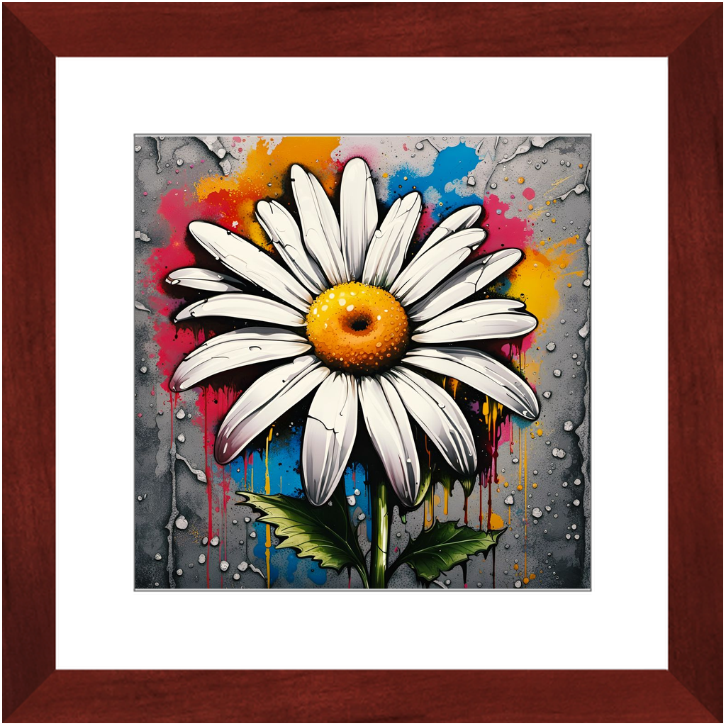 Street Art Style Daisy Print on Archival Paper in Cherry Color Wood Frame 12x12