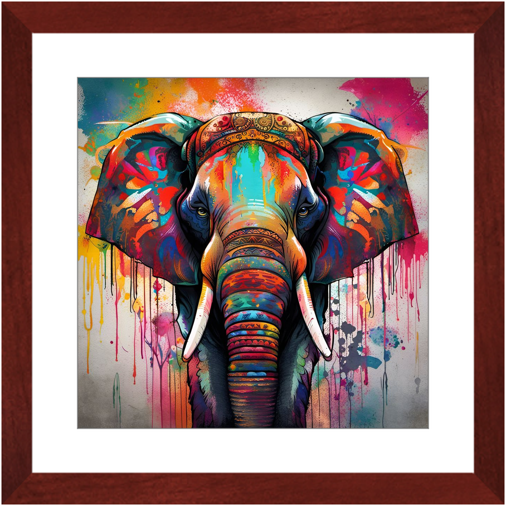 Colorful Dripping Paint Elephant Print on Archival Paper in Cherry Color Wood Frame 16x16