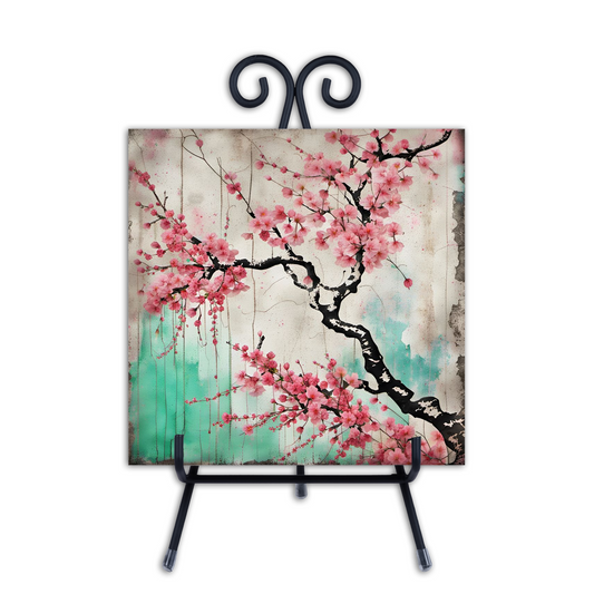 Collectible Ceramic Tile, Cherry Blossoms Print on a Ceramic Tile with a Metal Stand