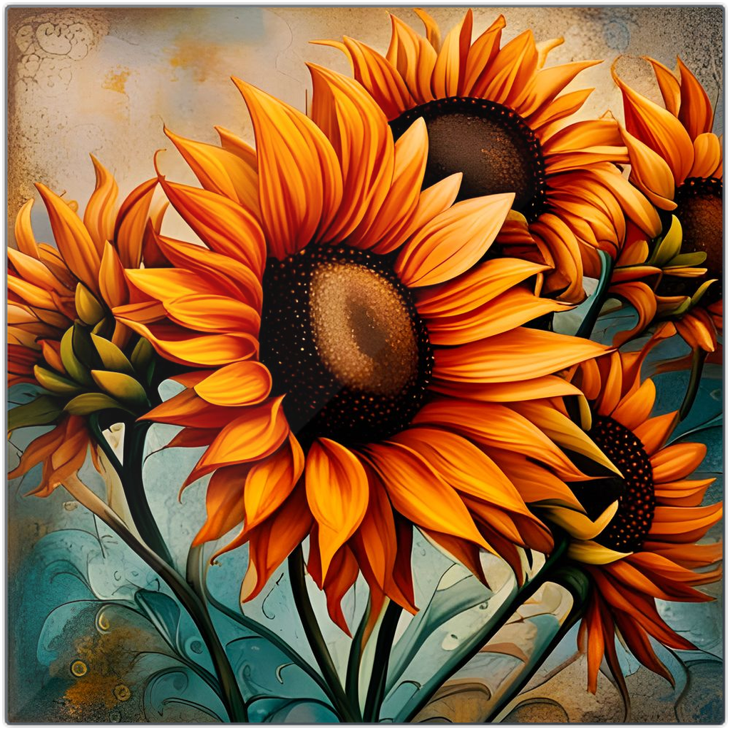 Sunflower Lovers Delight - Sunflower Crop on Distressed Blue and Copper Background Printed on Recycled Aluminum 5 sizes available