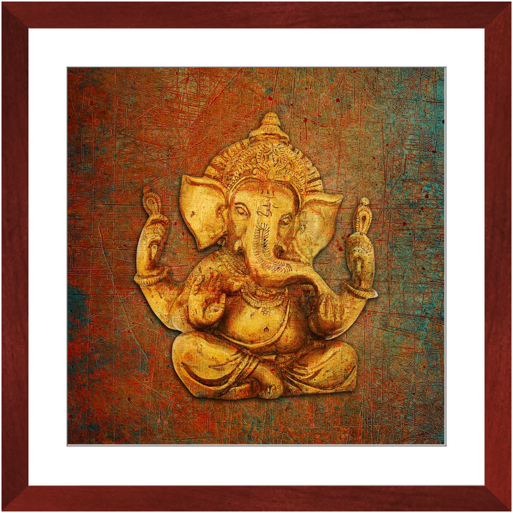 Ganesha on a Distressed Brown Background Print in Cherry Color Wood Frame 20x20