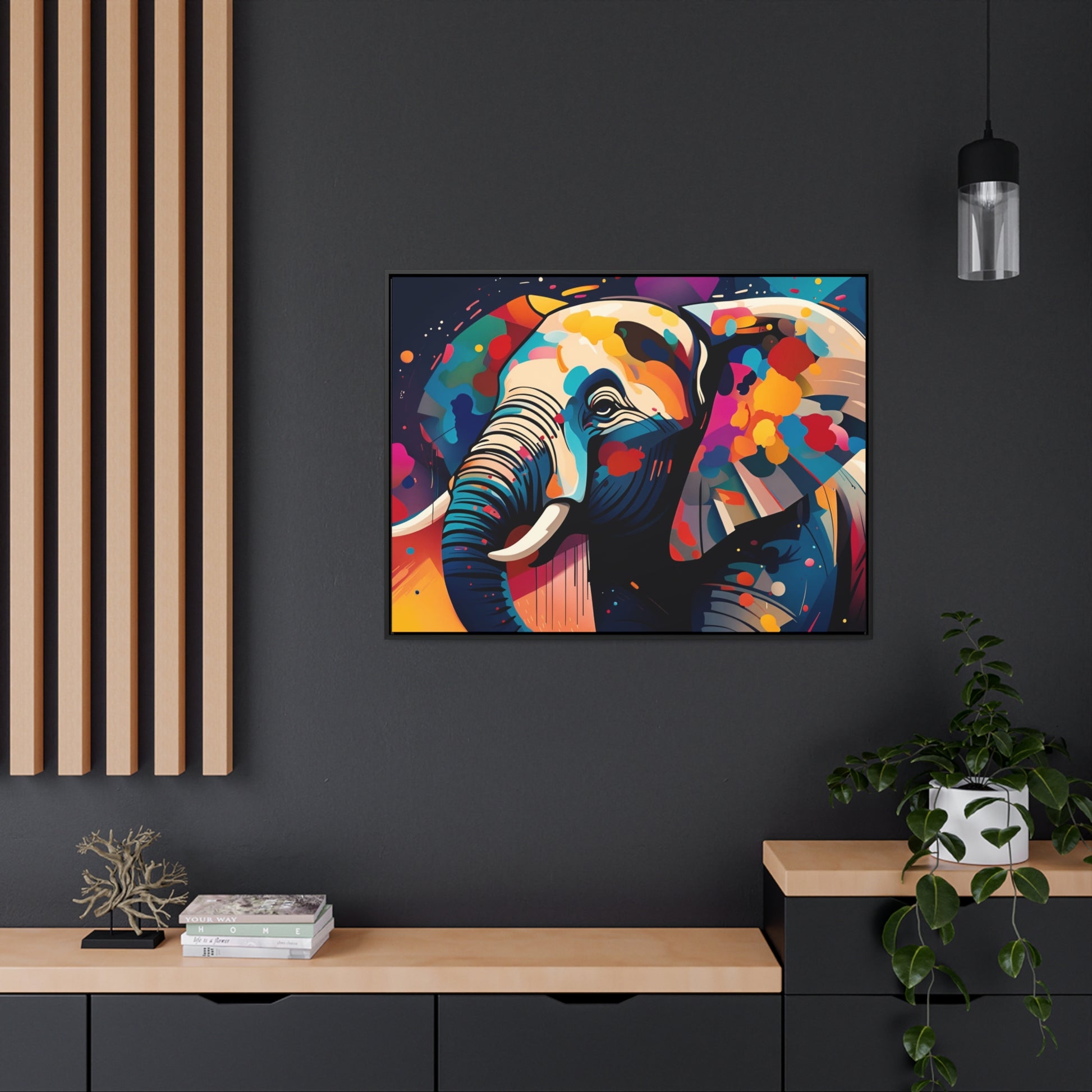 Multicolor Elephant Head Print on Canvas in a Floating Frame 40x30 hung