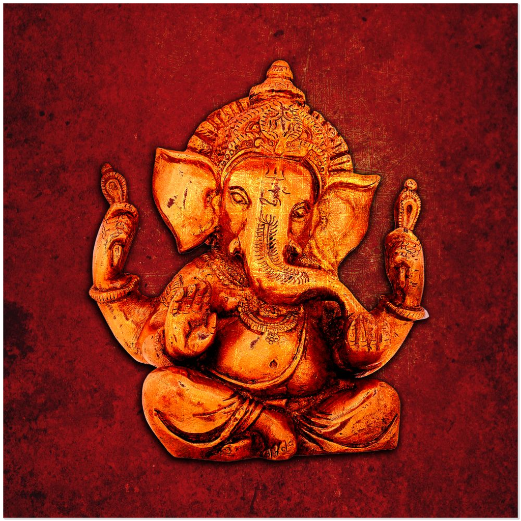Golden Ganesha on a Distressed Lava Red Background Printed on Crystal Clear Acrylic Panel 20x20 front