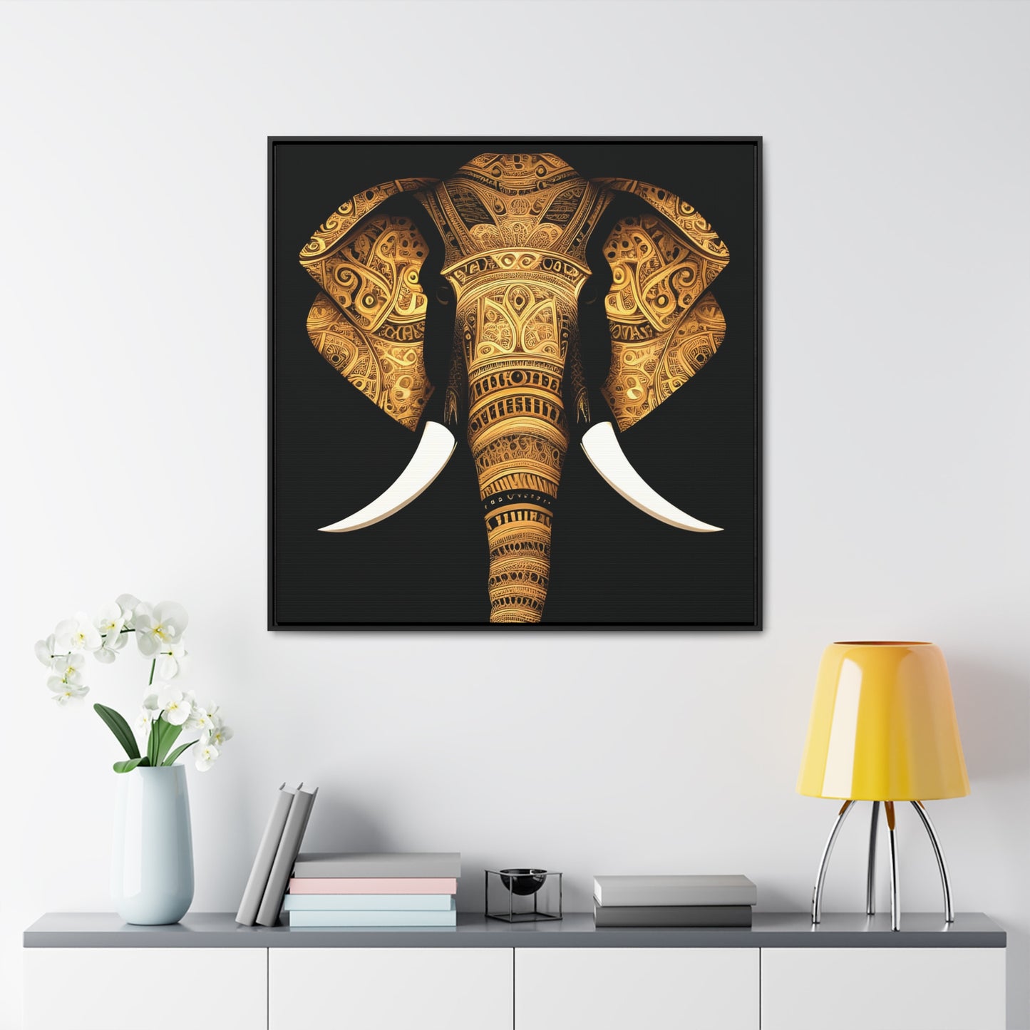 Gold Tribal Elephant Head on Black Background Print on Canvas in a Floating Frame 16x16
