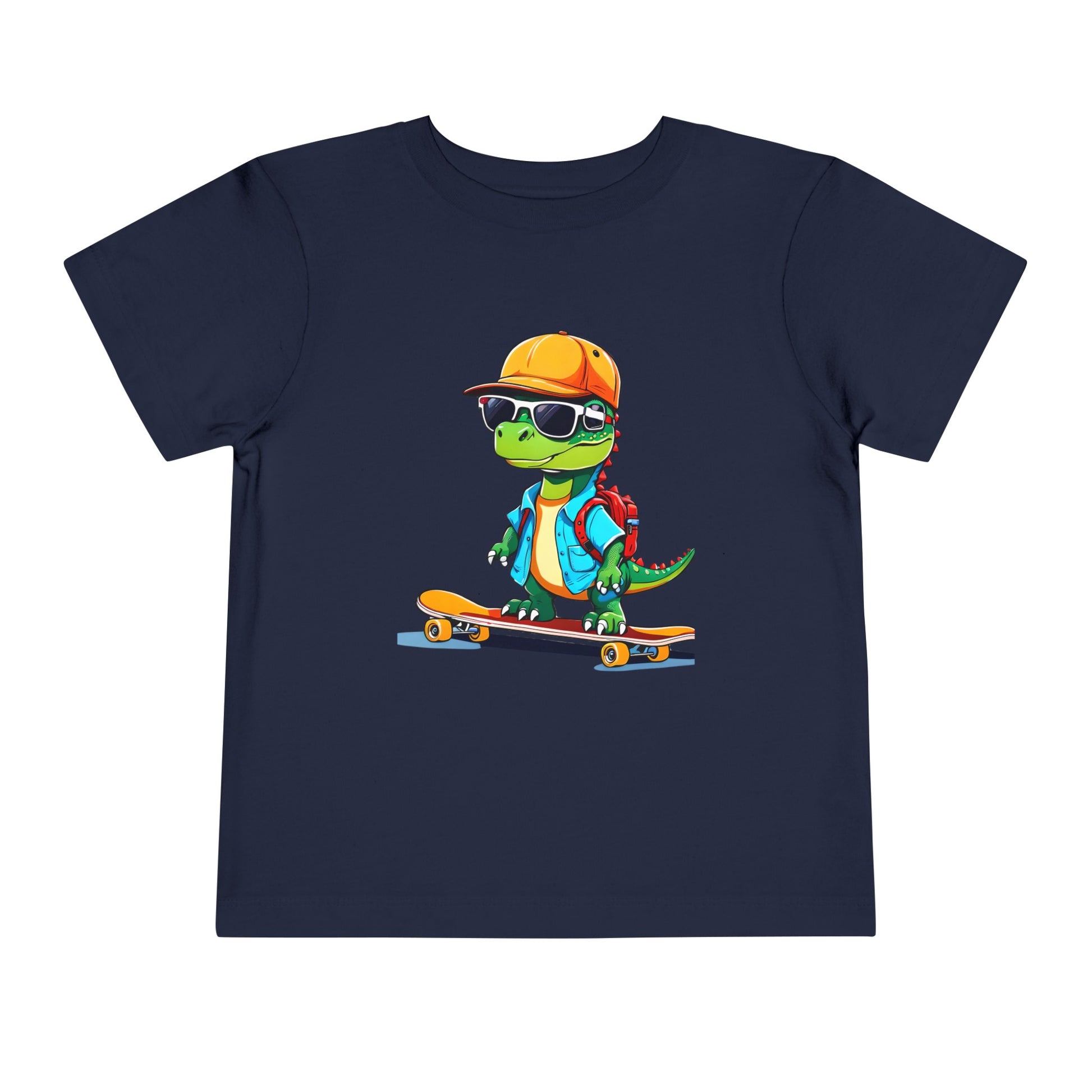 Dino Boy on Skate Board Too Cool For School Toddler Short Sleeve Tee Navy Blue