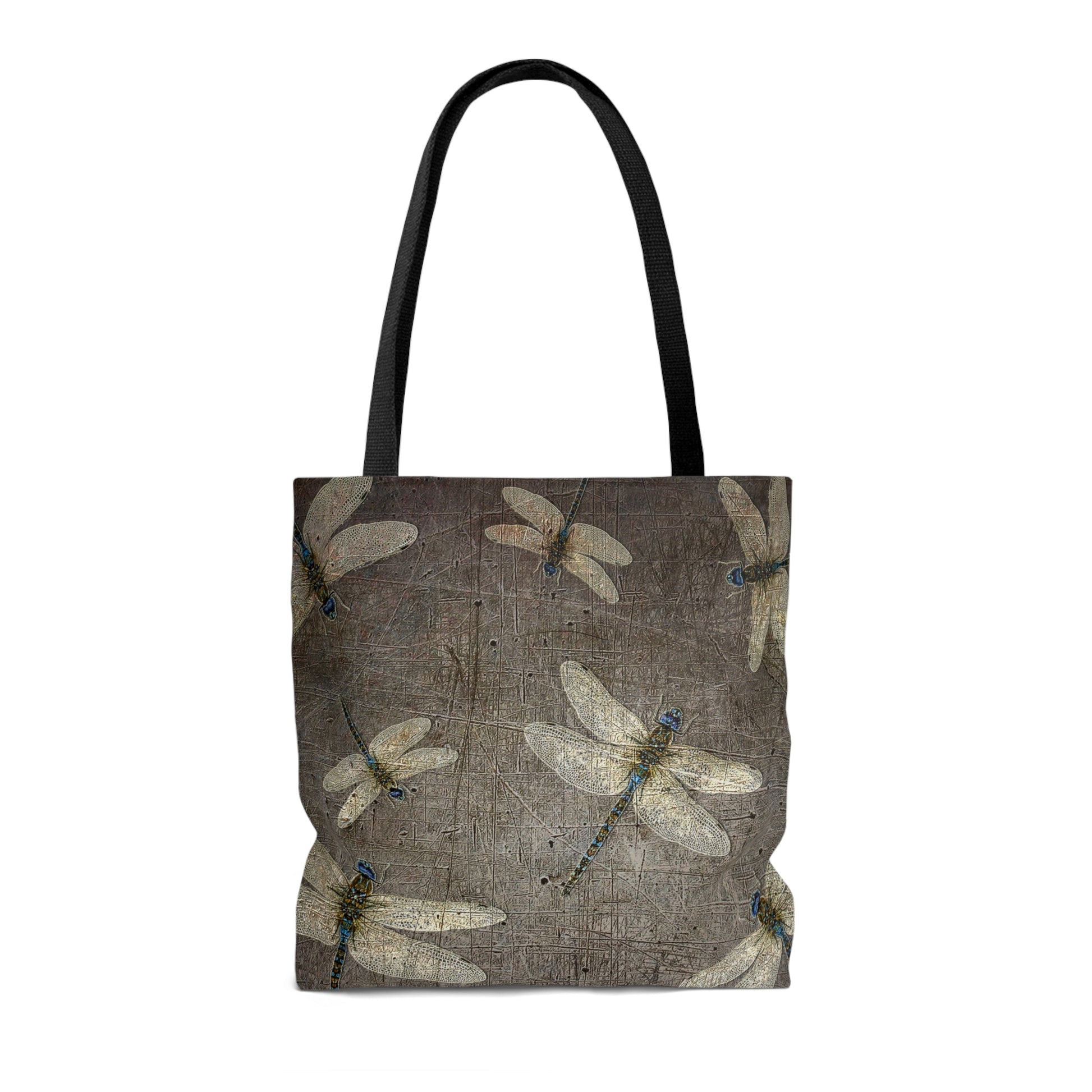 Flight of Dragonflies on Distressed Gray Stone Printed on Tote Bag large front