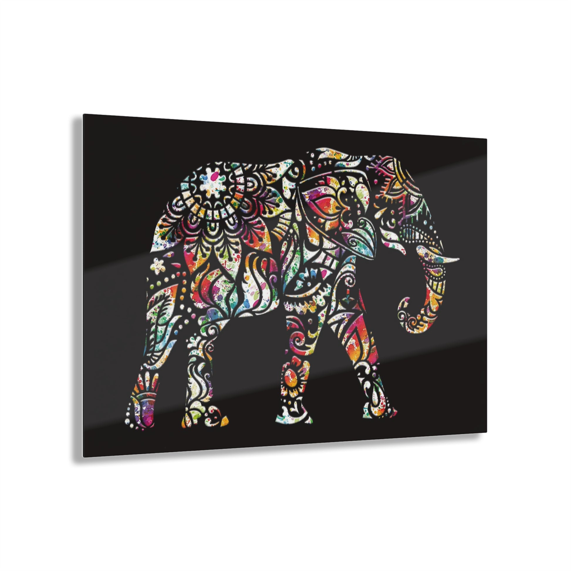 Elephant Themed Wall Art - Multicolor Indian Elephant on Black Background Printed on a Crystal Clear Acrylic Panel 36x24 