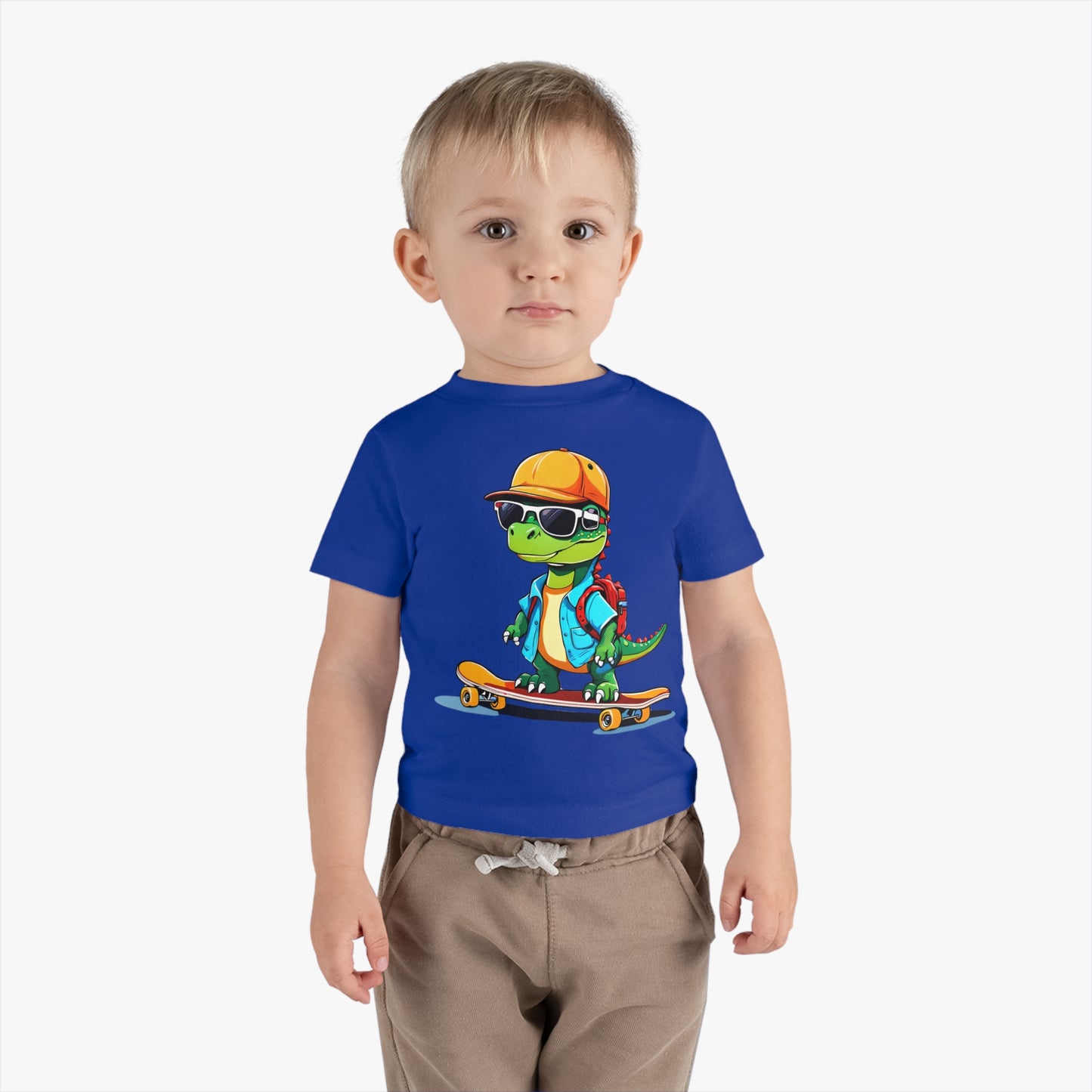 Dino Boy on Skate Board, Too Cool For School Infant Cotton Jersey Tee Royal Blue on Boy