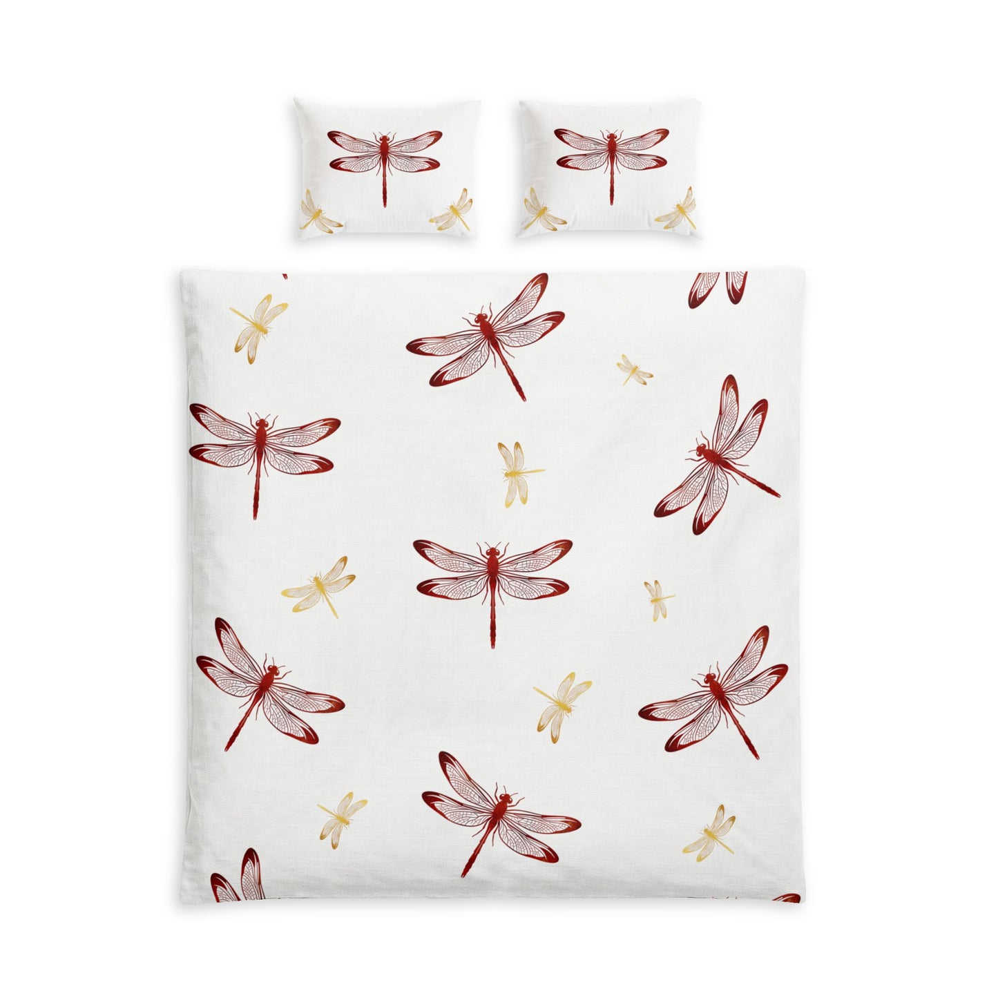 A bedding set featuring a duvet cover and two matching pillowcases with a watercolor dragonfly pattern on a white background.