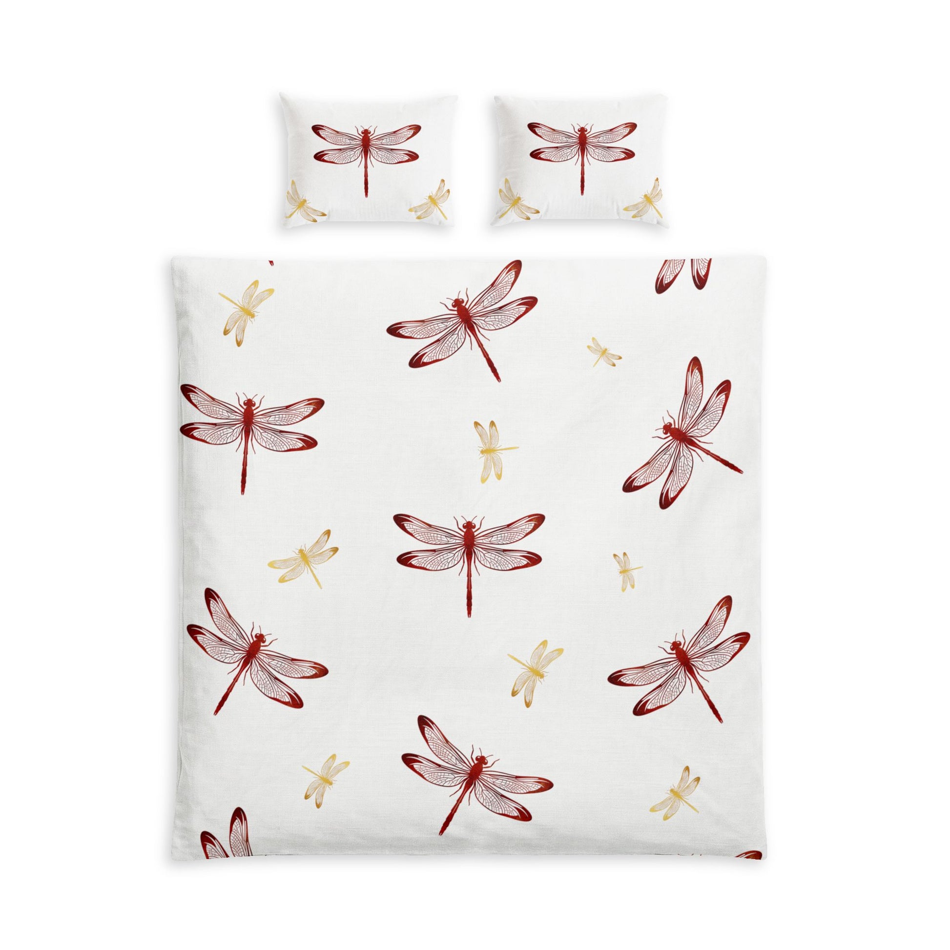 A bedding set featuring a duvet cover and two matching pillowcases with a watercolor dragonfly pattern on a white background.