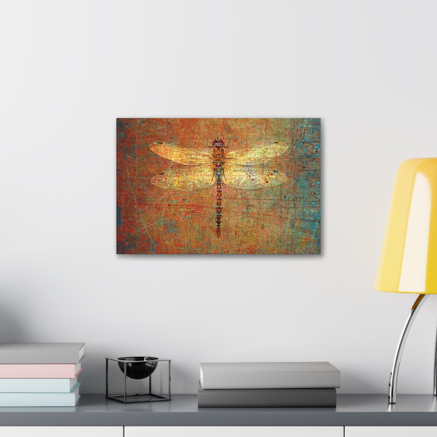 Golden Dragonfly on Distressed Orange and Green Background Print on Unframed Stretched Canvas 18x12