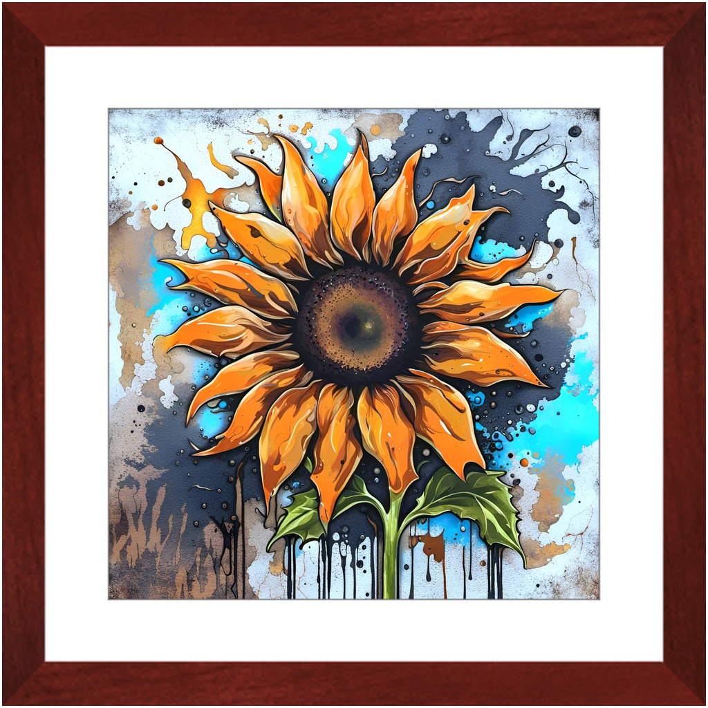 Street Art Style Sun Flower Print on Archival Paper in Cherry Color Wood Frame 16x16