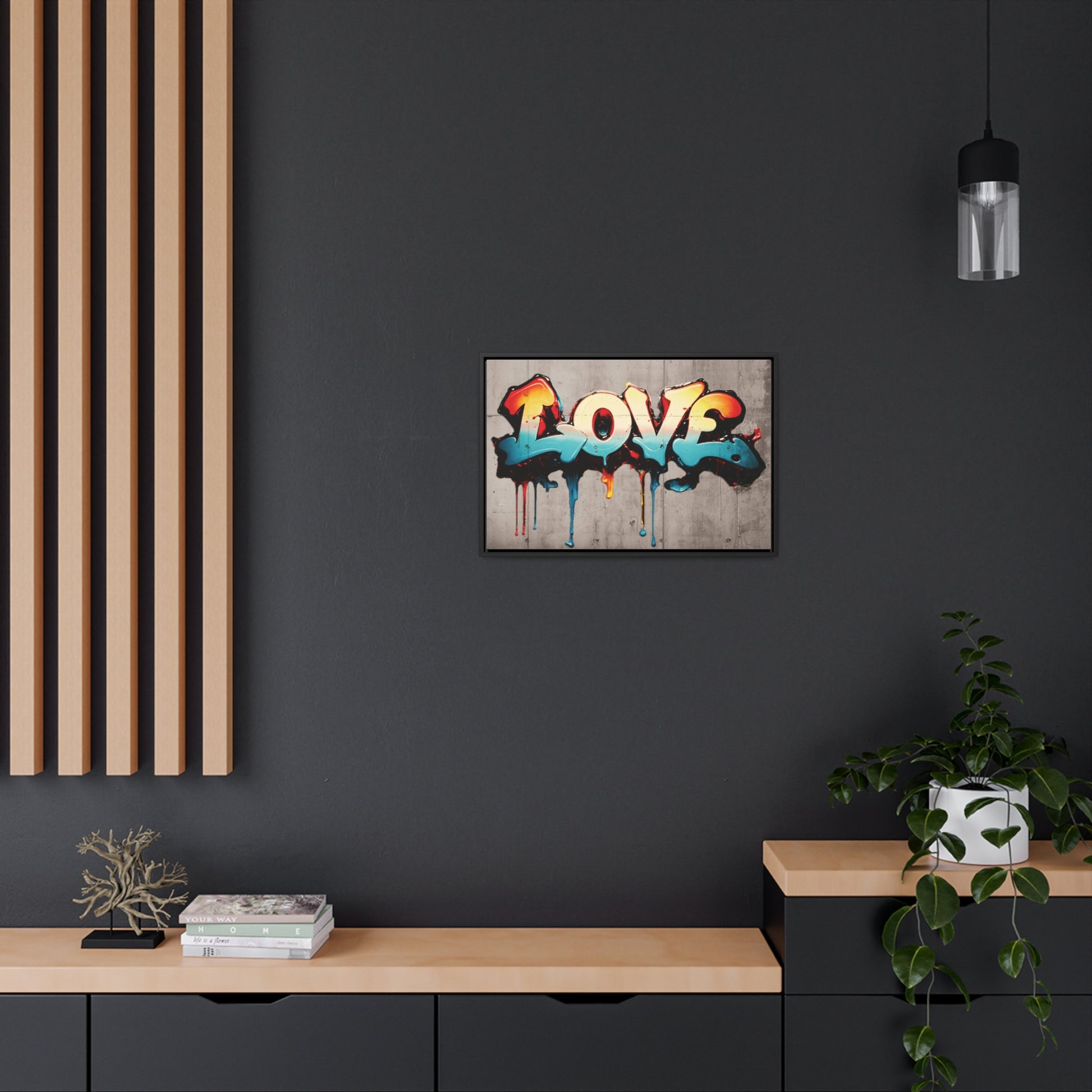 LOVE on Concrete Slab Print on Canvas in a Floating Frame 24x16 on dark wall