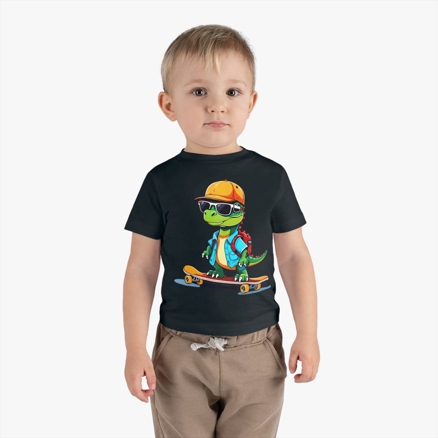 Dino Boy on Skate Board, Too Cool For School Infant Cotton Jersey Tee Black on Boy