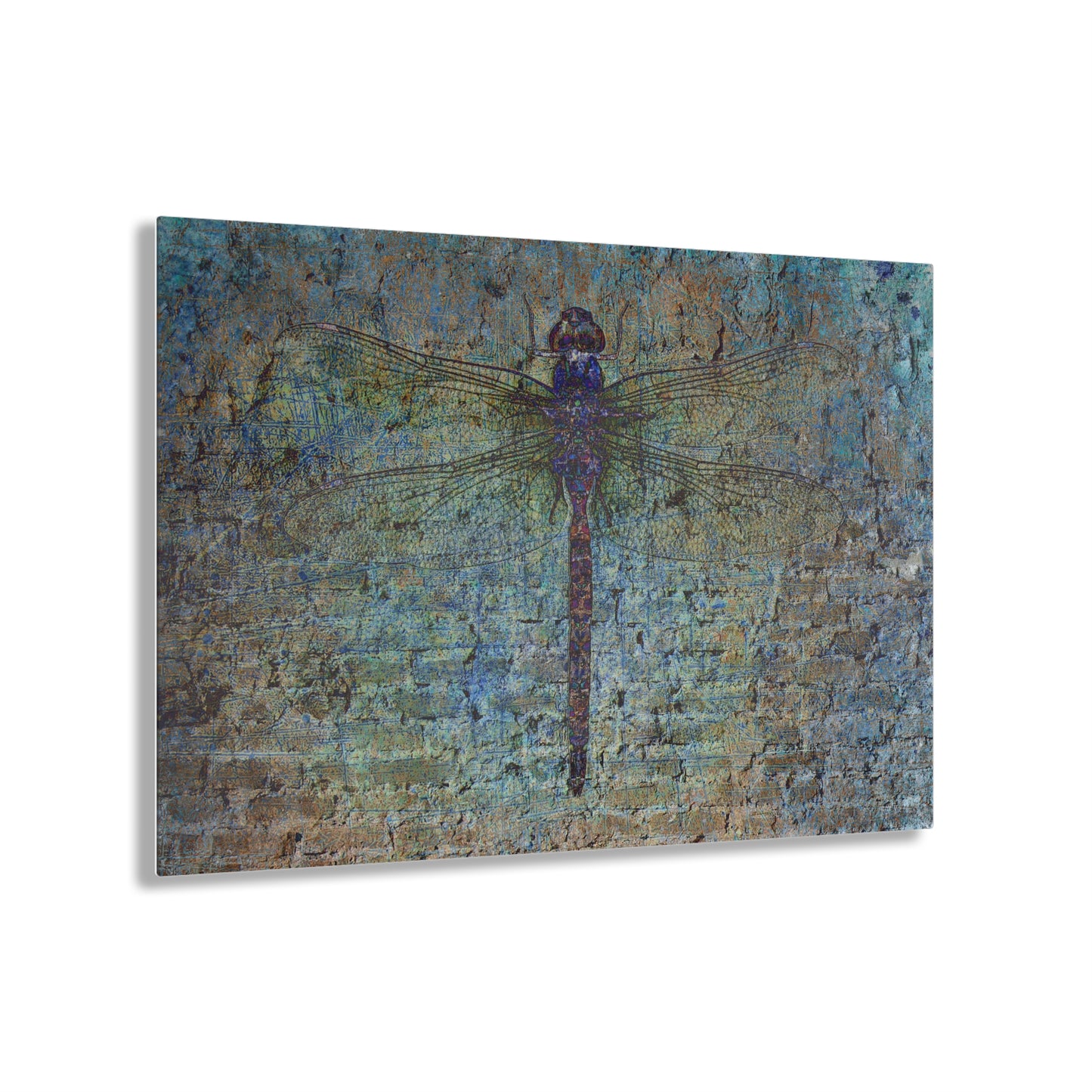 Dragonfly Themed Plexiglass Wall Art - Dragonfly on Distressed Multicolor Brick Wall Printed on a Crystal Clear Acrylic Panel