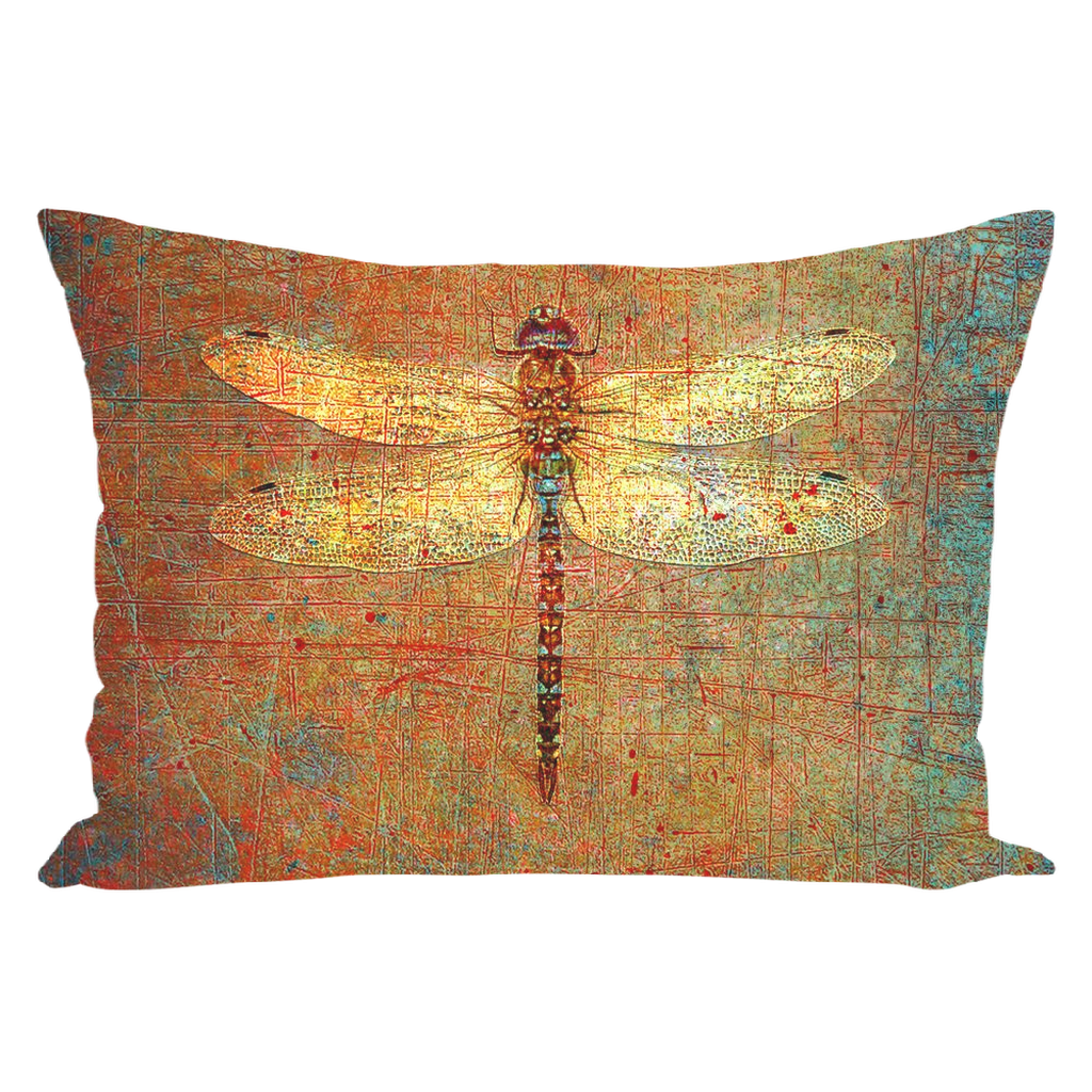 Double Sided Rectangular Throw Pillow Golden Dragonfly on Distressed Brown Background Print front