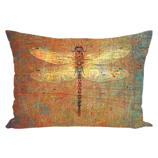 Double Sided Rectangular Throw Pillow Golden Dragonfly on Distressed Brown Background Print front