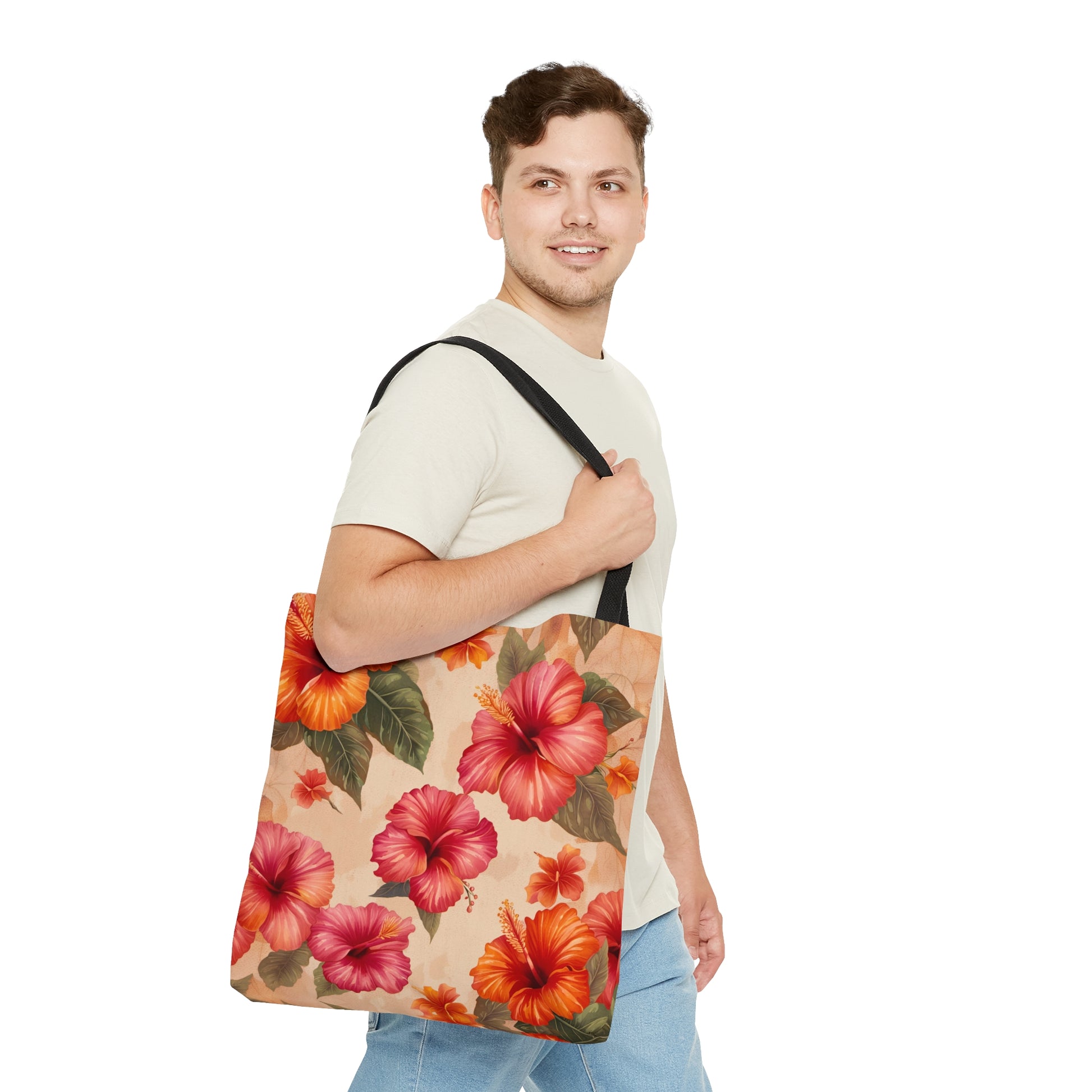 Pink and Orange Hibiscus Flower Printed on Tote Bag large