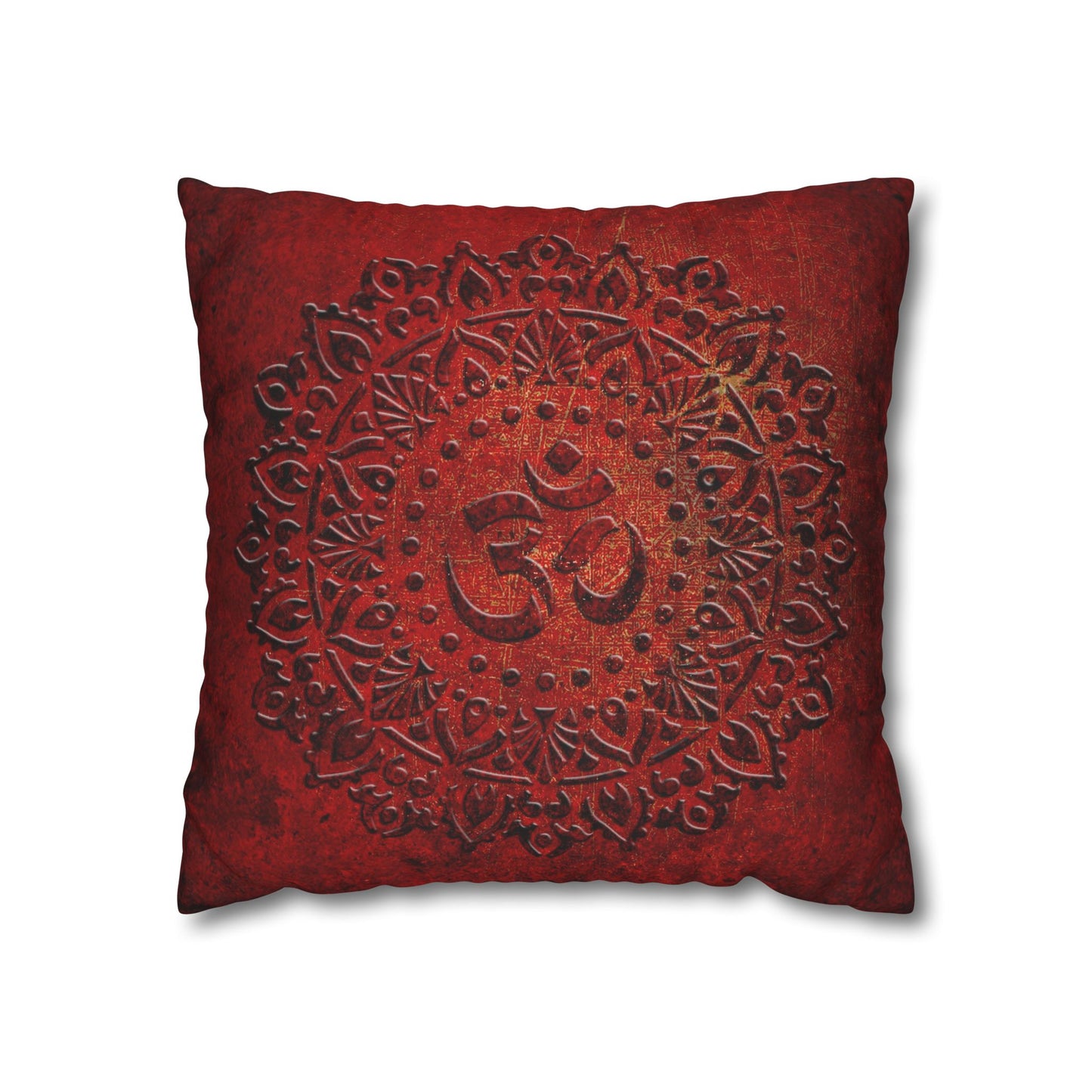 Meditation Themed Square Pillow Cover, Om Symbol Mandala Style Print on Lava Red Background Pillow Cover