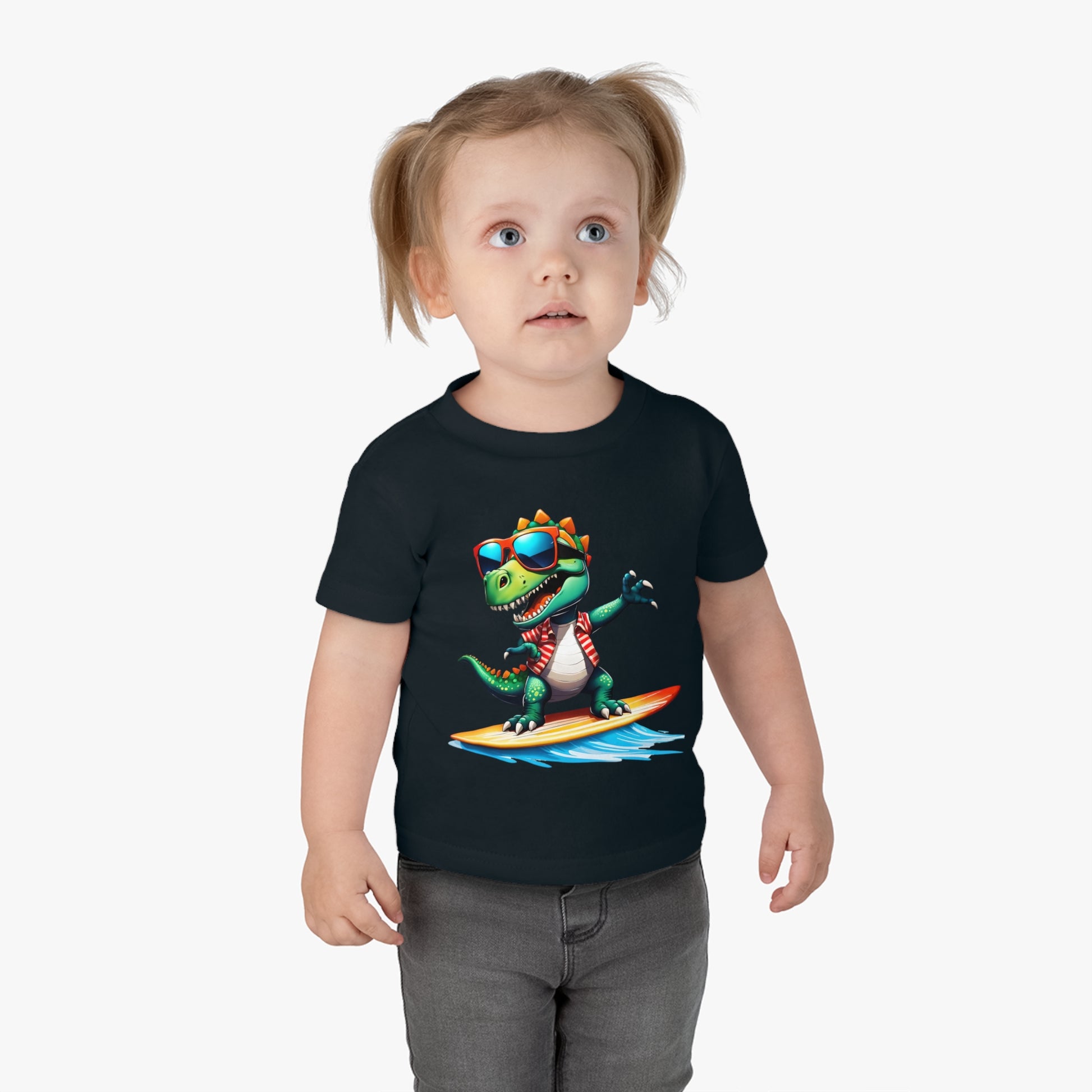 Toni the Dino Wave Catcher Infant Cotton Jersey Tee Black on Girl