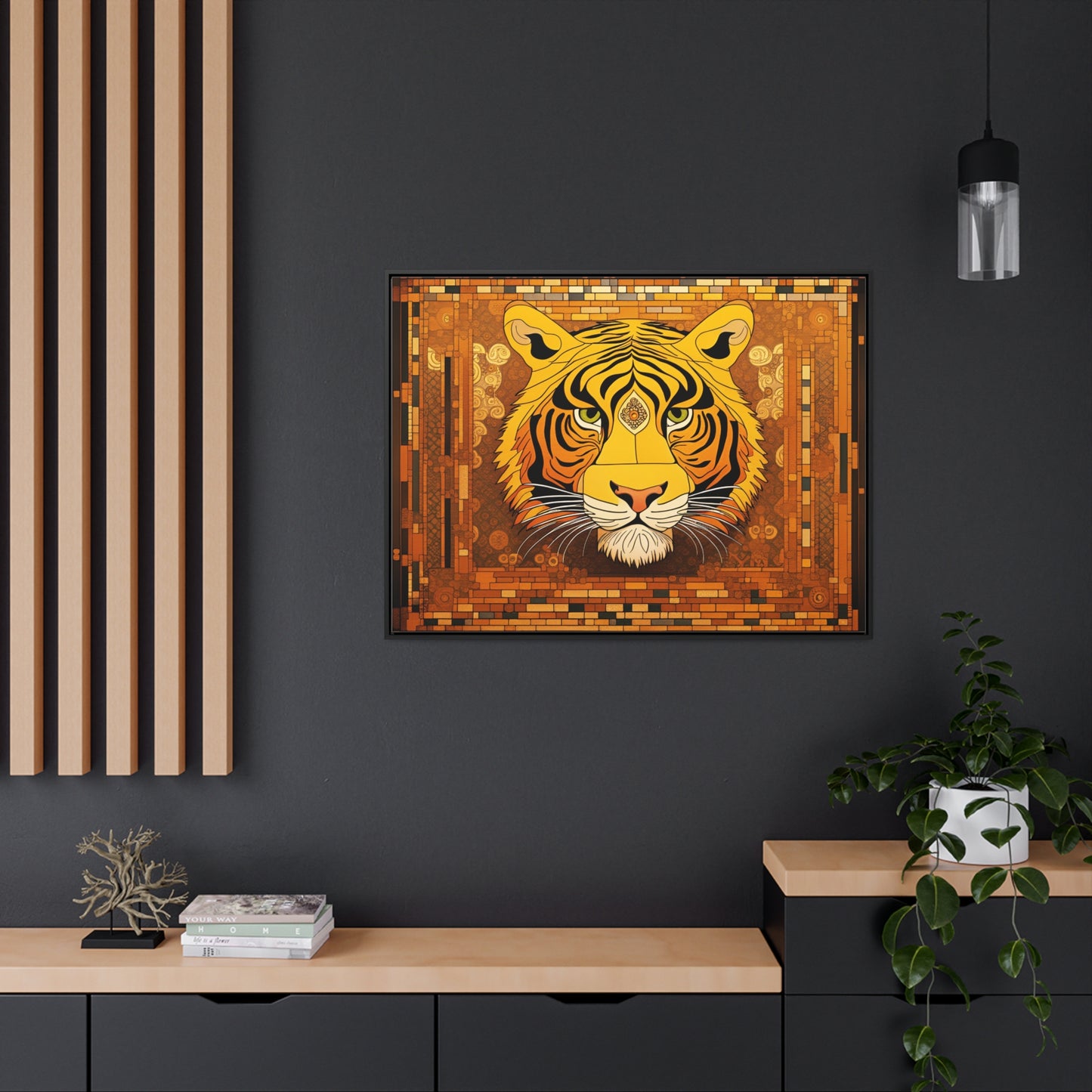 Tiger Head in the Style of Gustav Klimt Print on Canvas in a Floating Frame 40x30 hung on black wall
