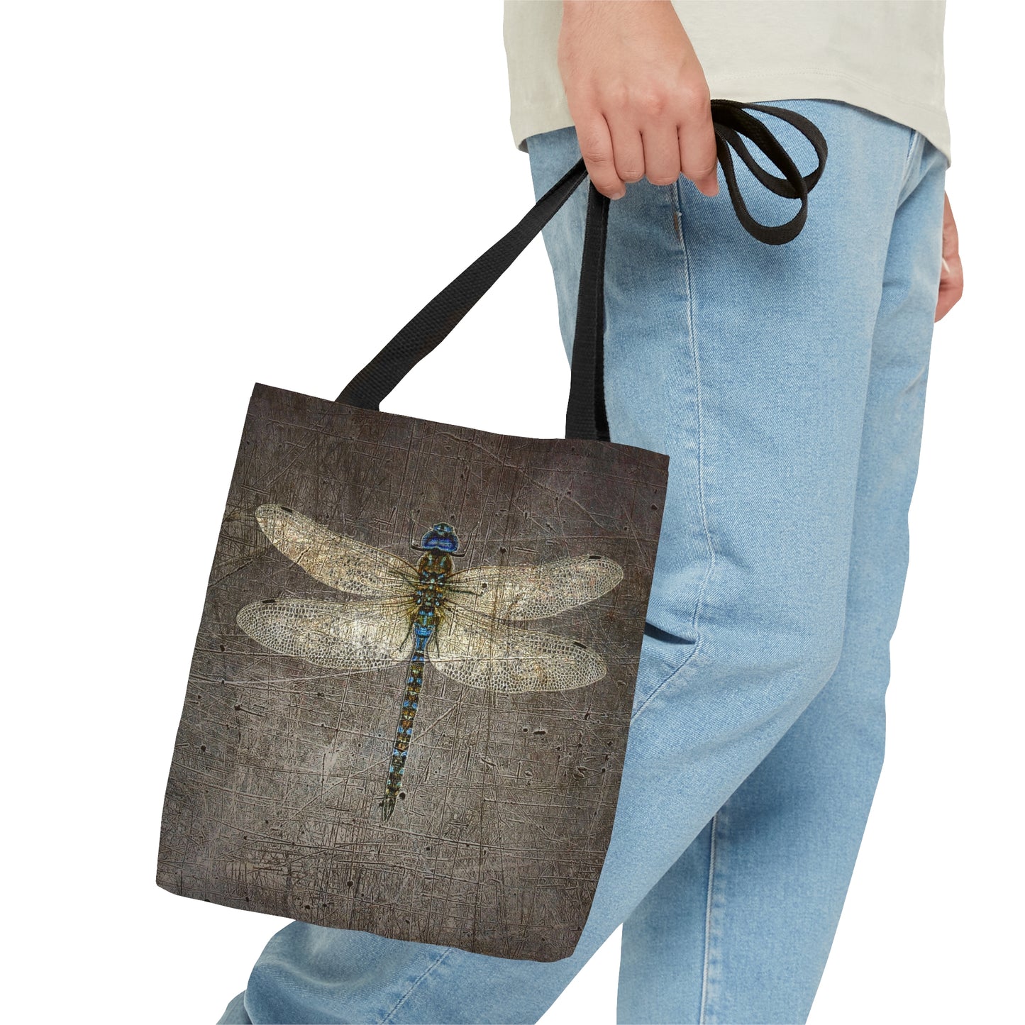 Dragonfly on Distressed Gray Stone Printed on Tote Bag small with model