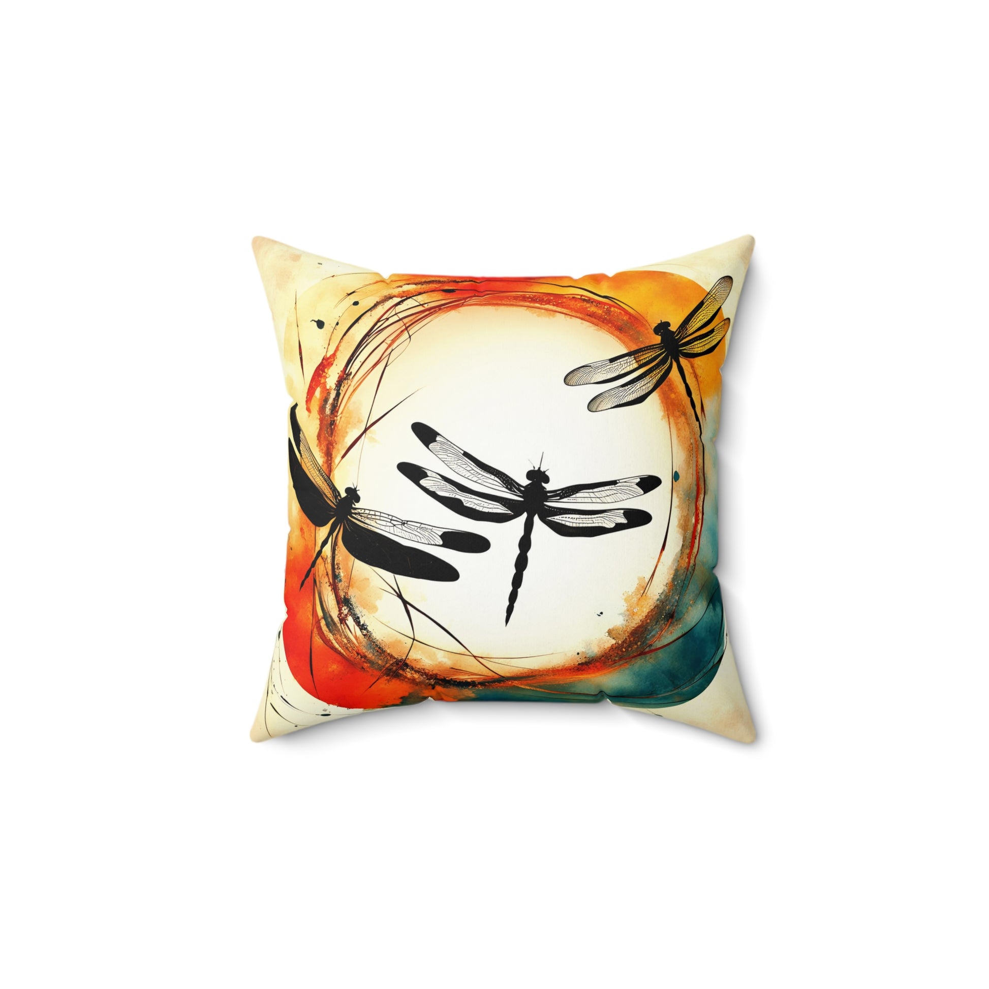 Dragonflies Silhouettes in a colorful Enso circle print on Polyester Square Pillow back