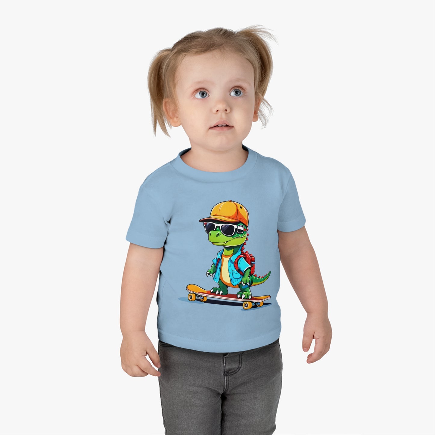 Dino Boy on Skate Board, Too Cool For School Infant Cotton Jersey Tee Light Blue on Girl