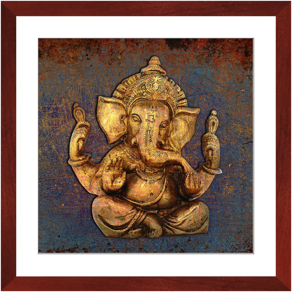 Ganesha on Distressed Purple and Orange Background Print in Cherry Color Wood Frame 20x20