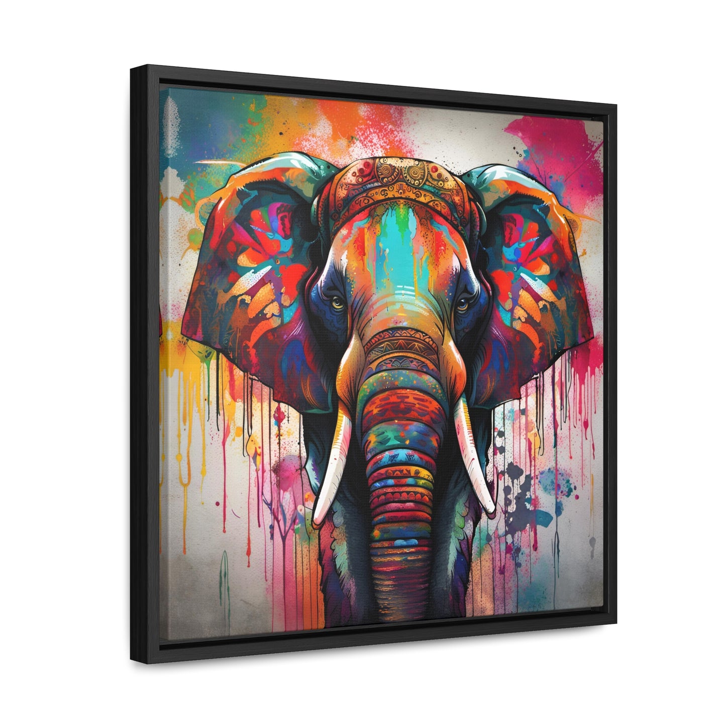 Dripping Colors Indian Elephant Print on Canvas in a Floating Frame side view