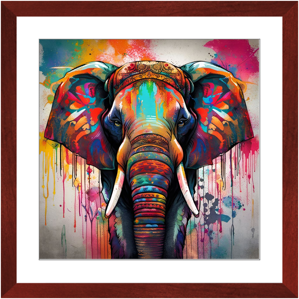 Colorful Dripping Paint Elephant Print on Archival Paper in Cherry Color Wood Frame 20x20