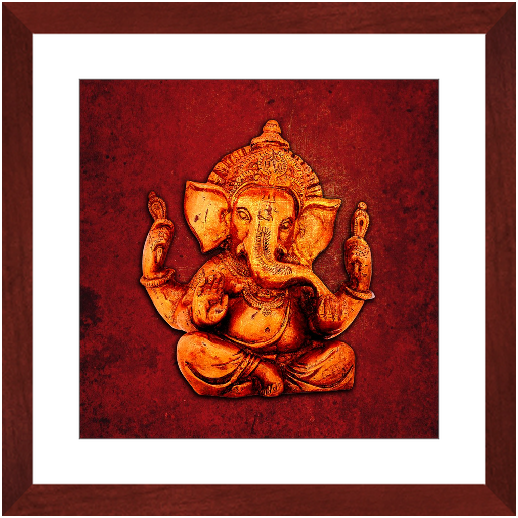 Ganesha on a Lava Red Background Print in Cherry Color Wood Frame 16x16