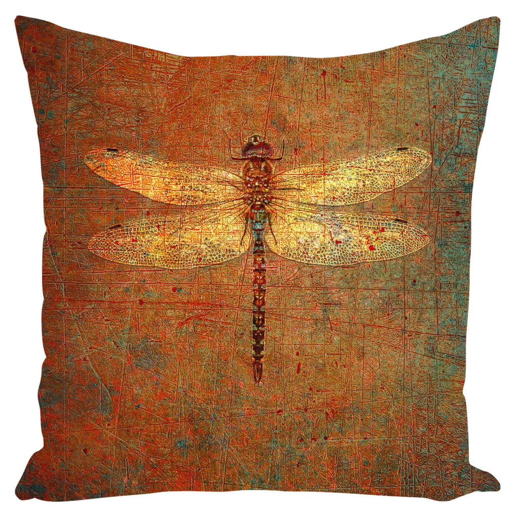Large Throw Pillow Golden Dragonfly on Distressed Brown Background Print front