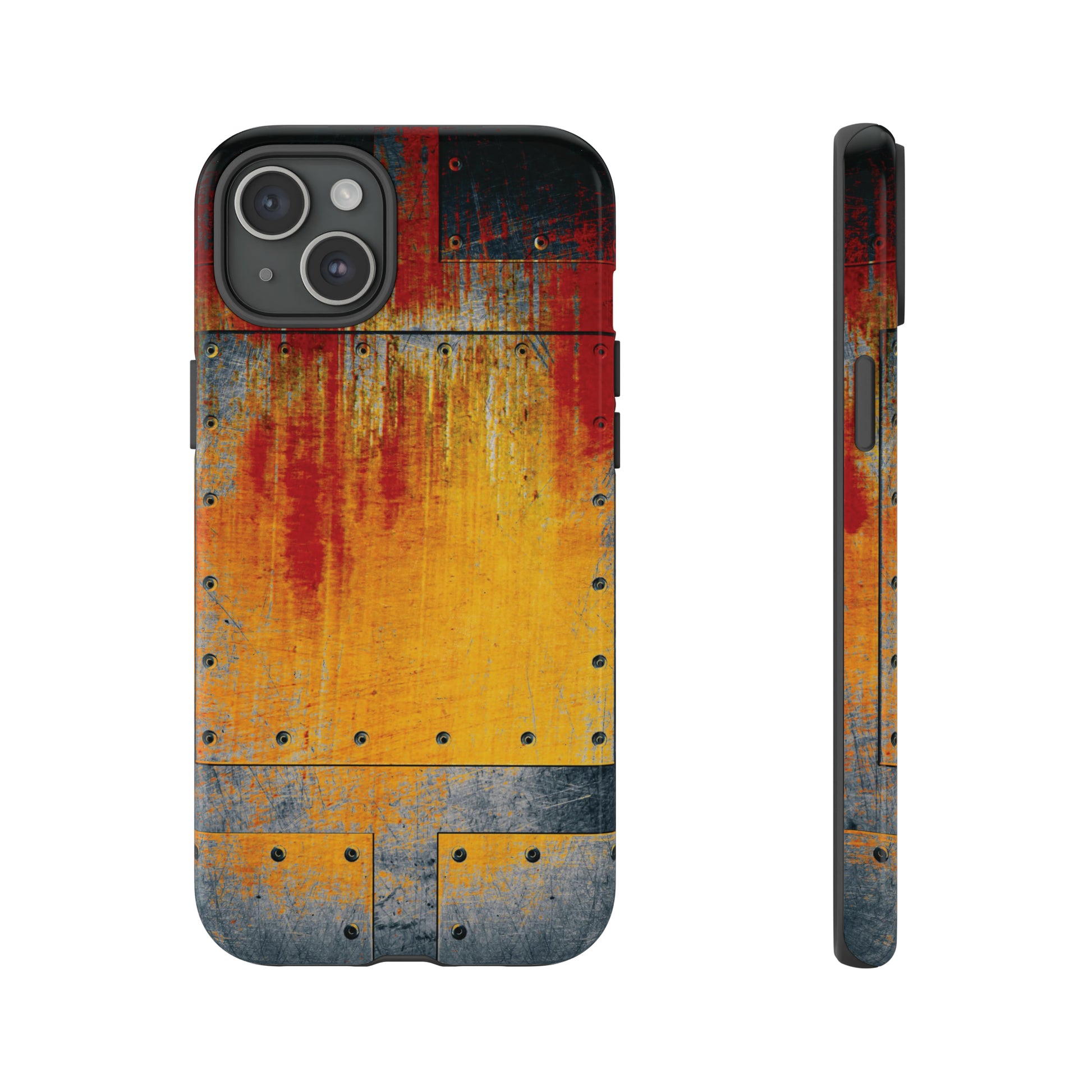 Steampunk Themed Rust and Paint Plate Printed on Phone Case for iPhone 15 Plus front and Side