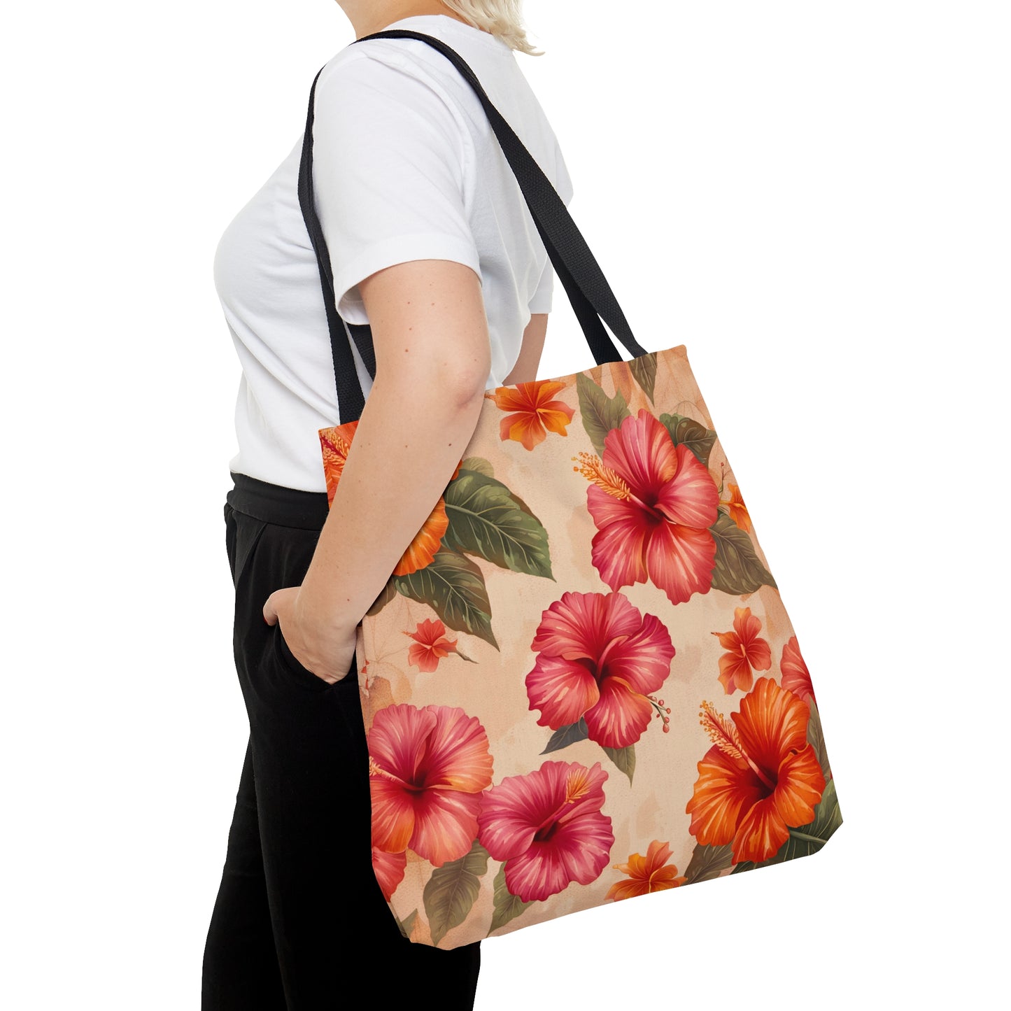 Flower Themed Bags and Travel Accessories - Pink and Orange Hibiscus Flowers Printed on Tote Bag