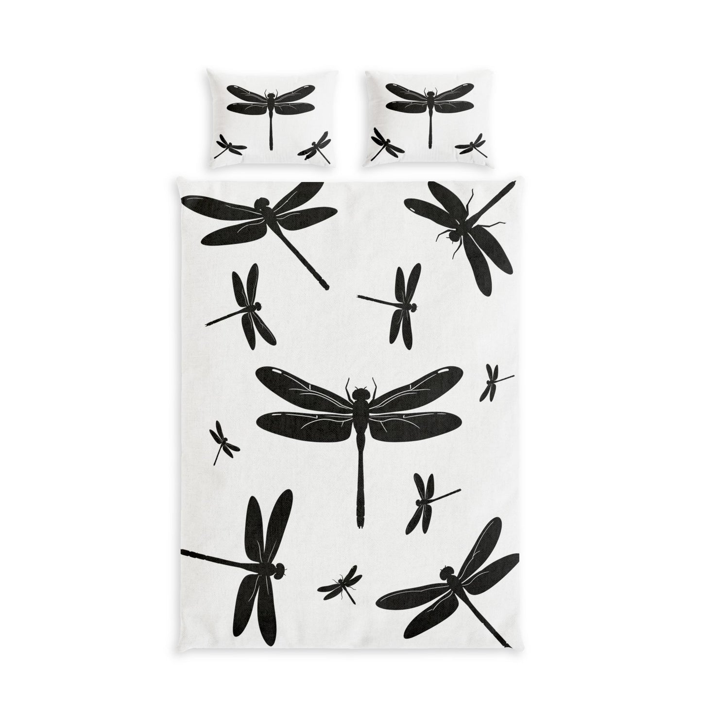 A bedding set featuring a duvet cover and two pillowcases with a black dragonfly pattern on a white background, shown against a plain white studio backdrop.