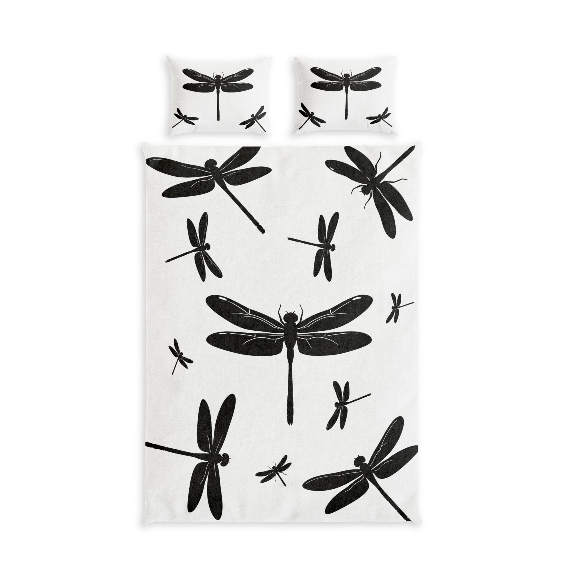 A bedding set featuring a duvet cover and two pillowcases with a black dragonfly pattern on a white background, shown against a plain white studio backdrop.