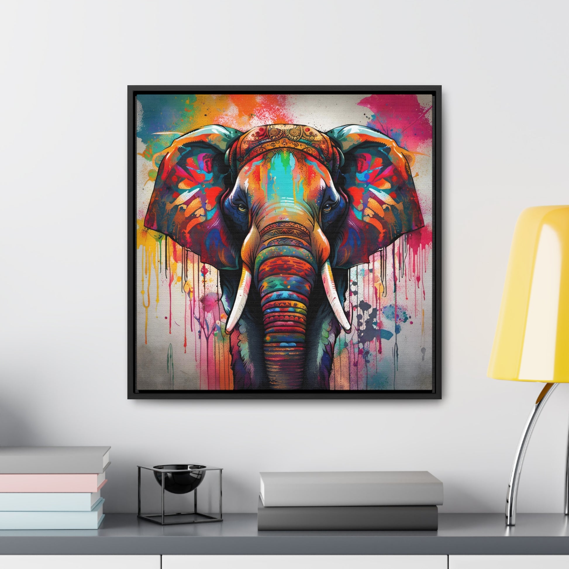 Dripping Colors Indian Elephant Print on Canvas in a Floating Frame 20x20