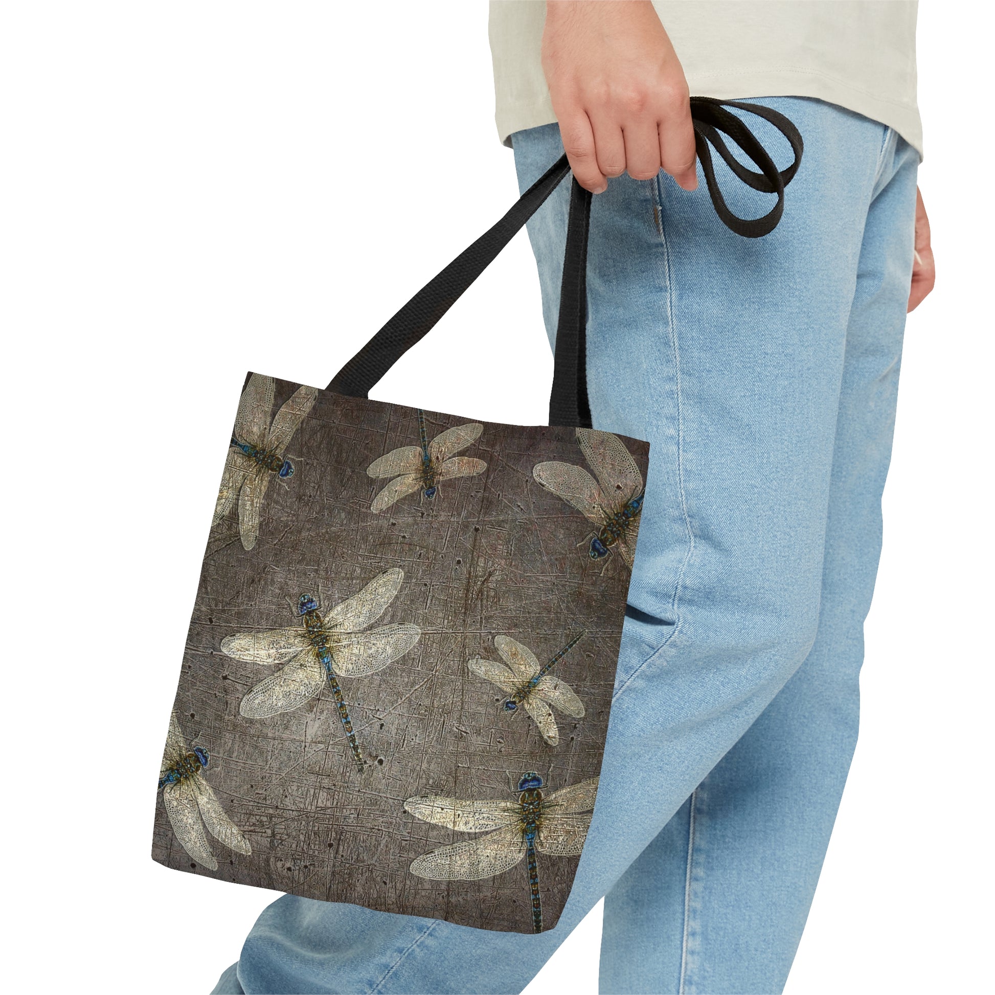 Flight of Dragonflies on Distressed Gray Stone Printed on Tote Bag small carried