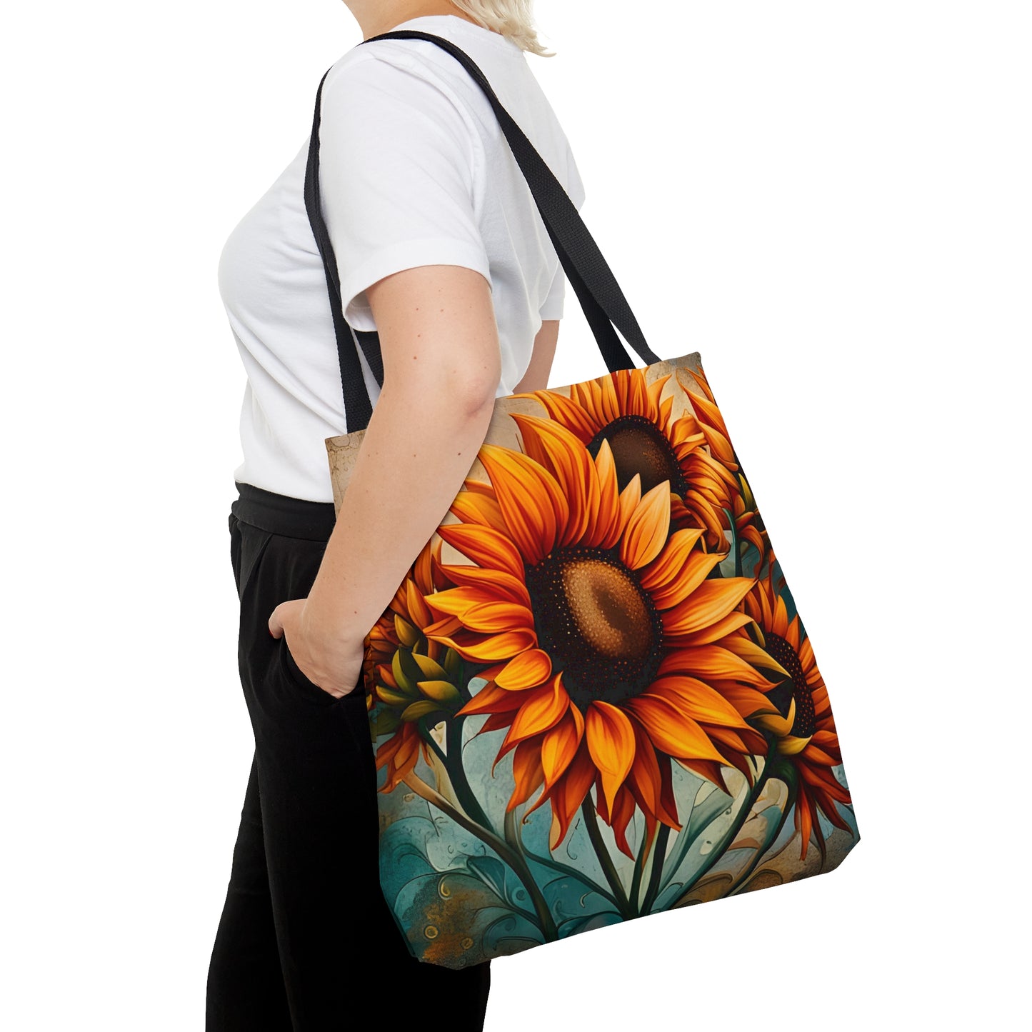 Sunflower Crop on Distressed Blue and Copper Background Printed on Tote Bag large