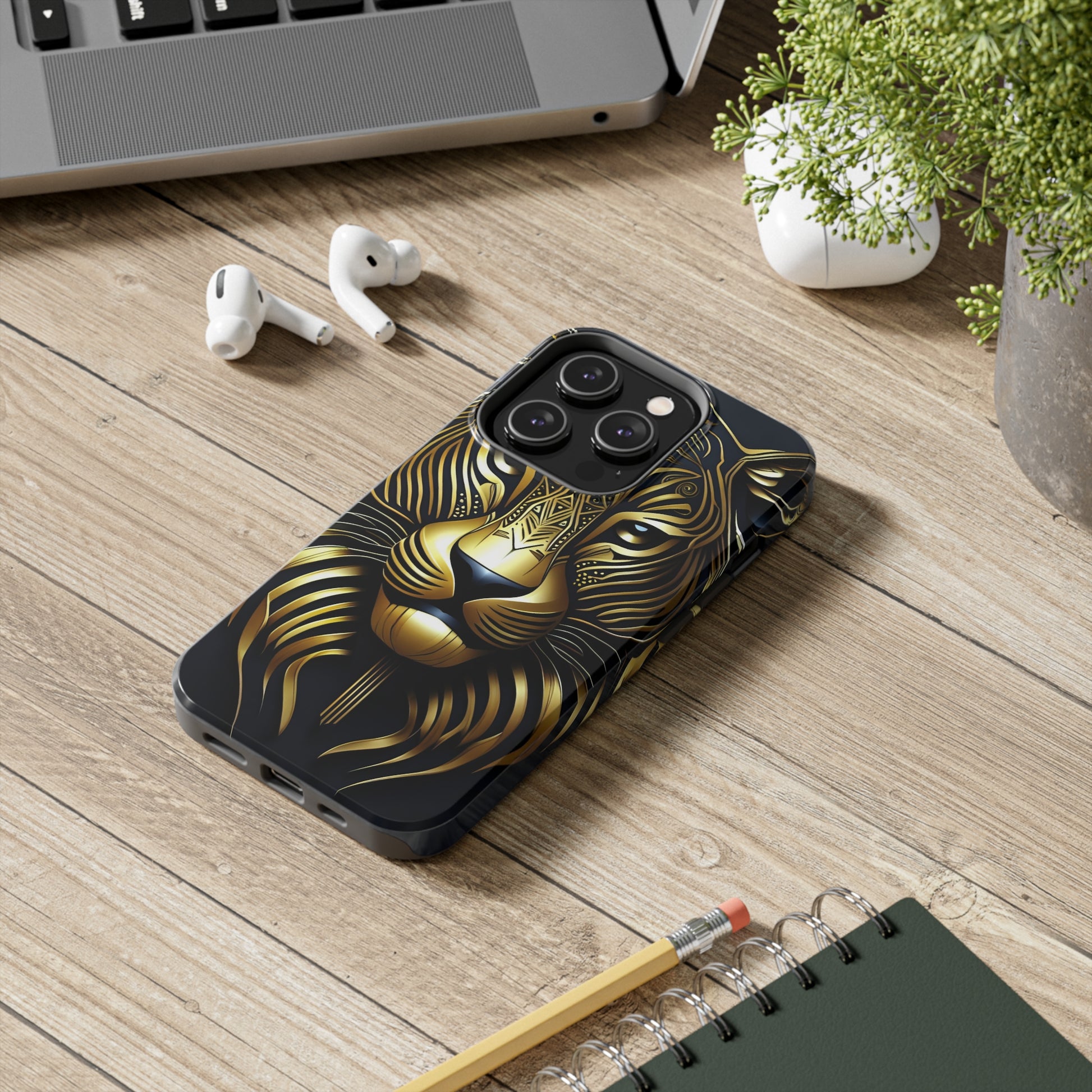 Tough Phone Case for iPhone 14 - Blue and Gold Tribal Tiger Head Art Deco Style Printed on Phone Case for iPhone 14 pro on desk