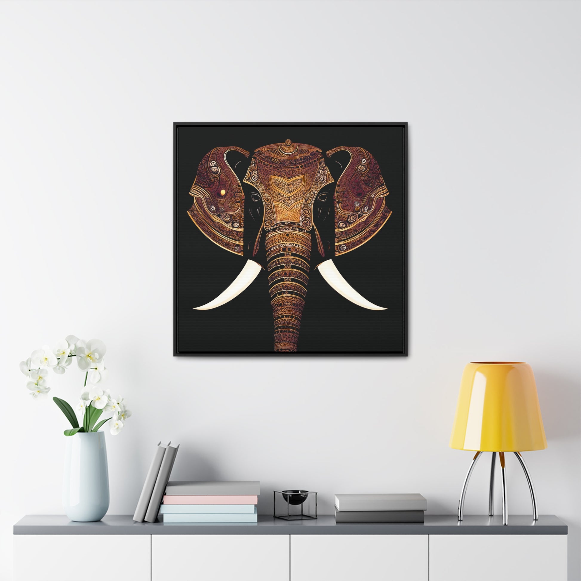 Indian Elephant Head With Parade Colors on Black Background Print on Canvas in a Floating Frame 30x30