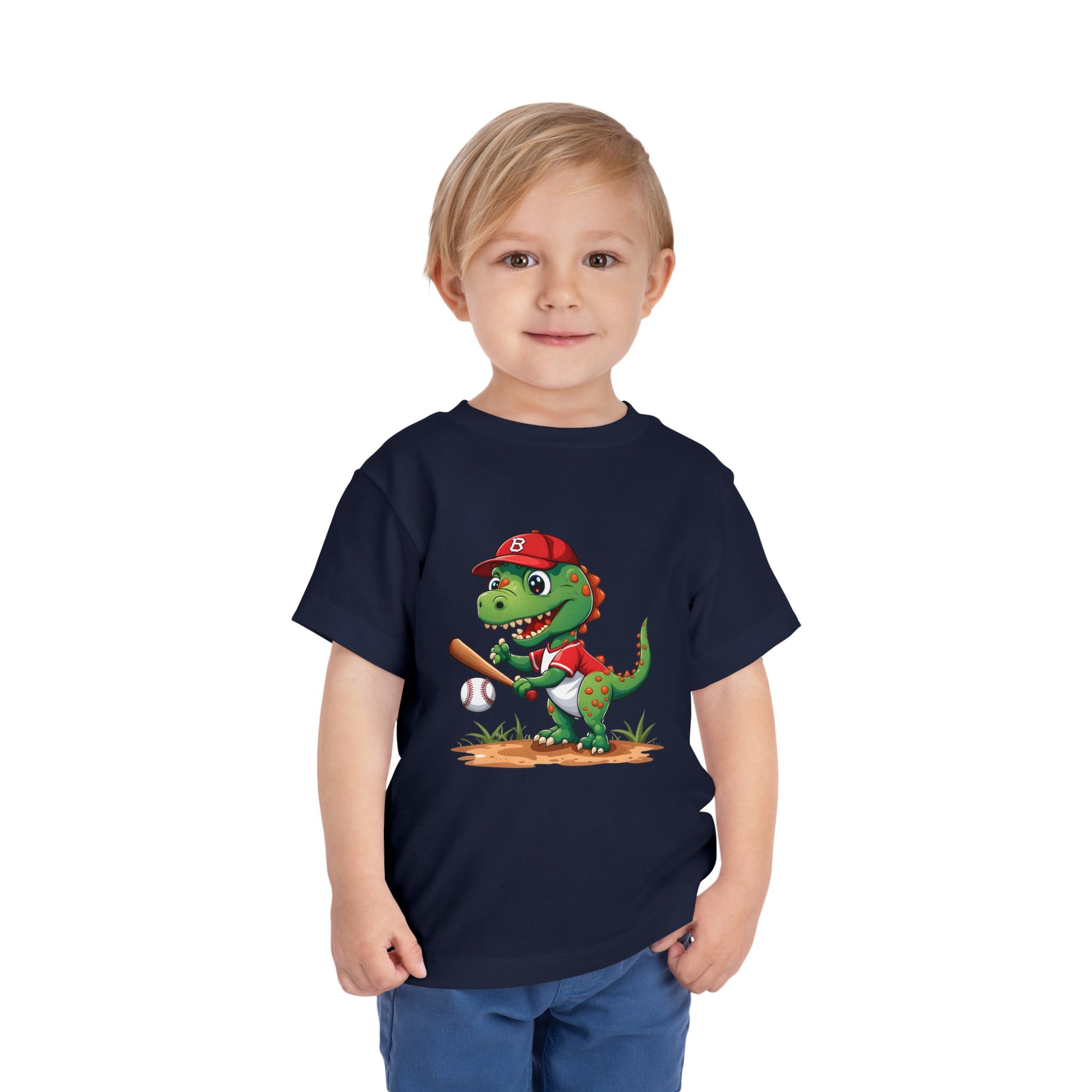 Spike the Dinosaur of Summer Toddler Short Sleeve Tee Navy blue on Boy